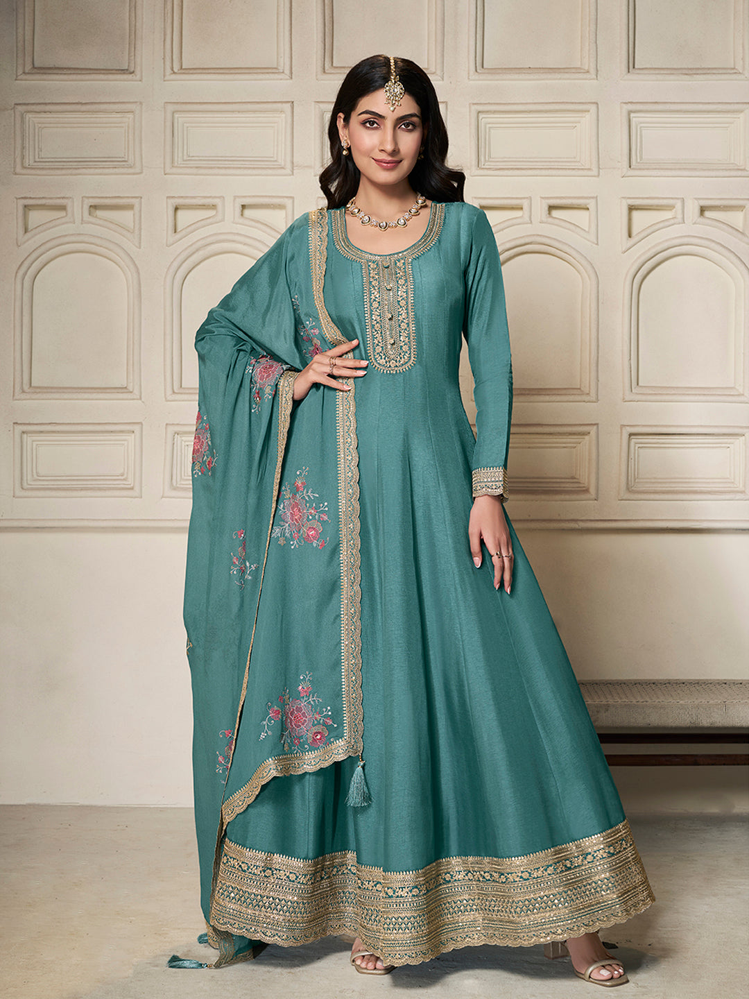 Teal Dola Silk Anarkali Set with Sequins Embroidered Dupatta Floral / XS