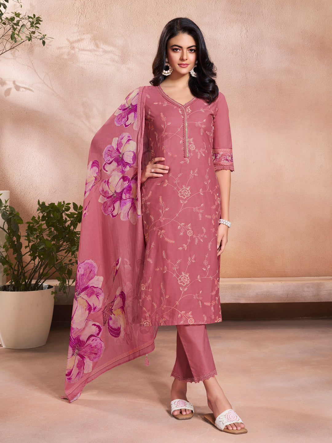 Pink Cotton Top with Designer Border Trouser and Digital Floral Dupatta Kurta Suit Set