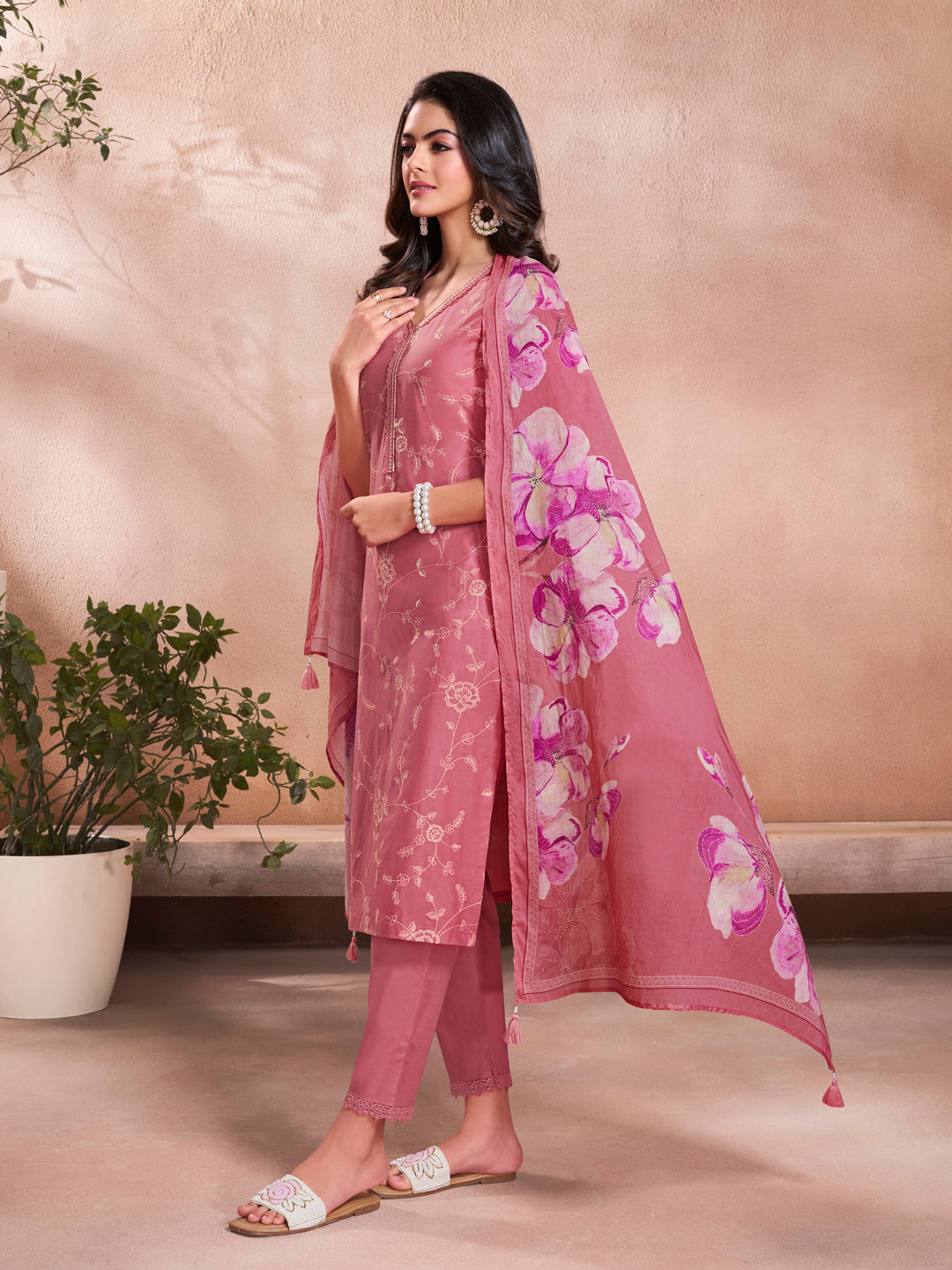 Pink Cotton Top with Designer Border Trouser and Digital Floral Dupatta Kurta Suit Set
