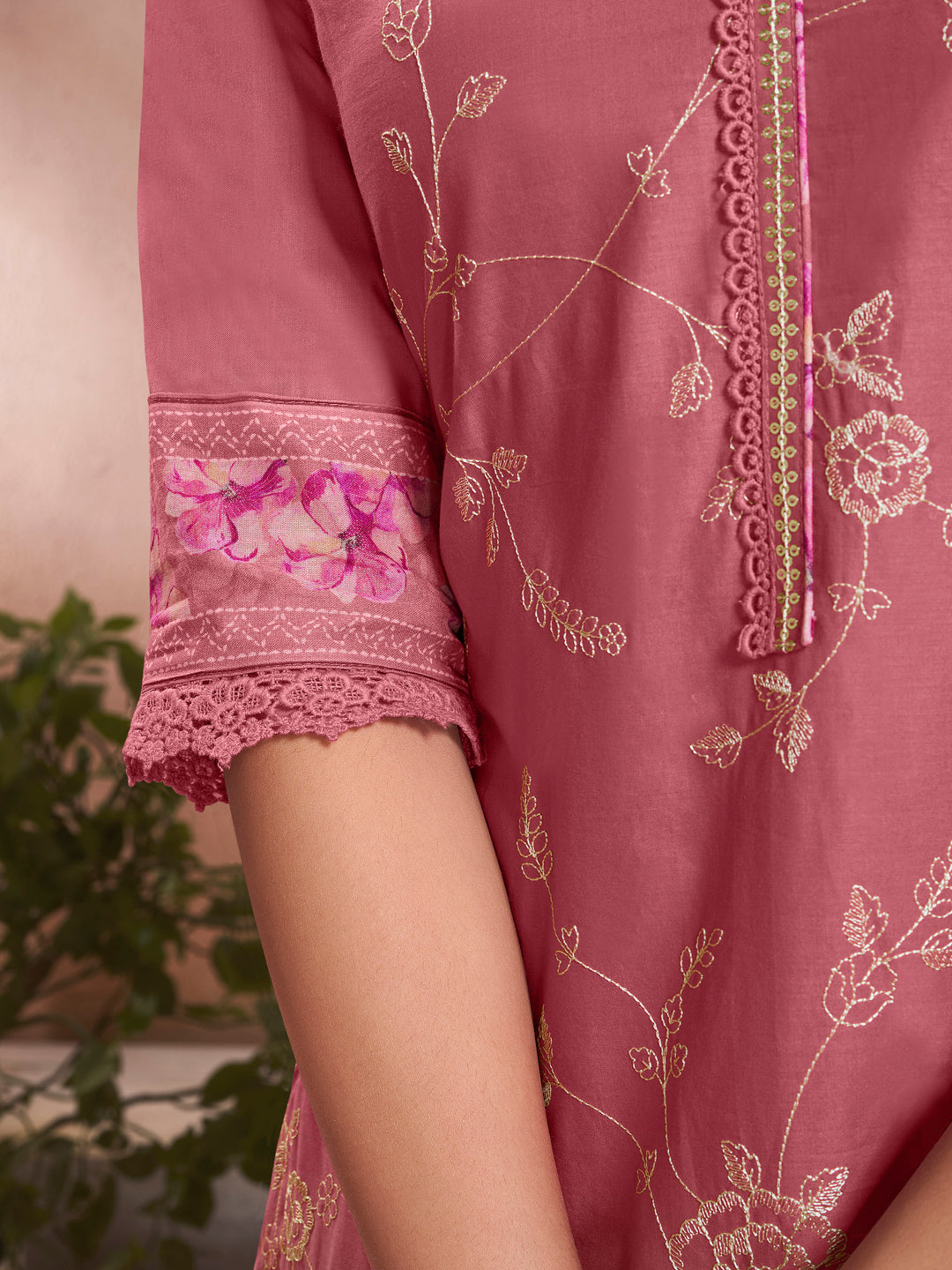 Pink Cotton Top with Designer Border Trouser and Digital Floral Dupatta Kurta Suit Set