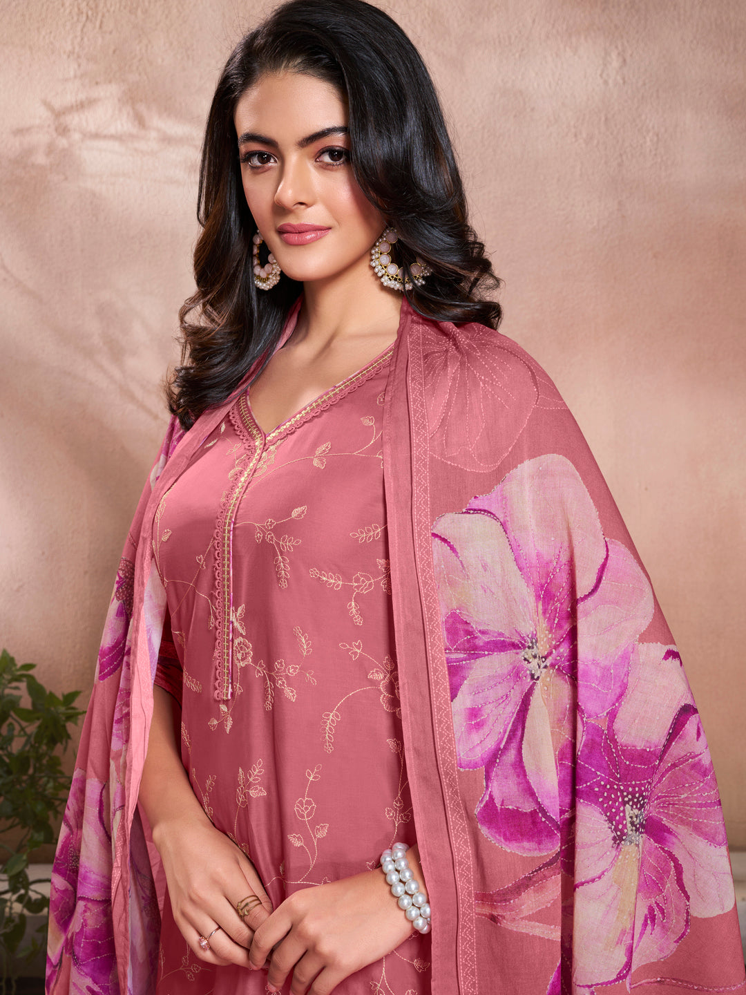 Pink Cotton Top with Designer Border Trouser and Digital Floral Dupatta Kurta Suit Set