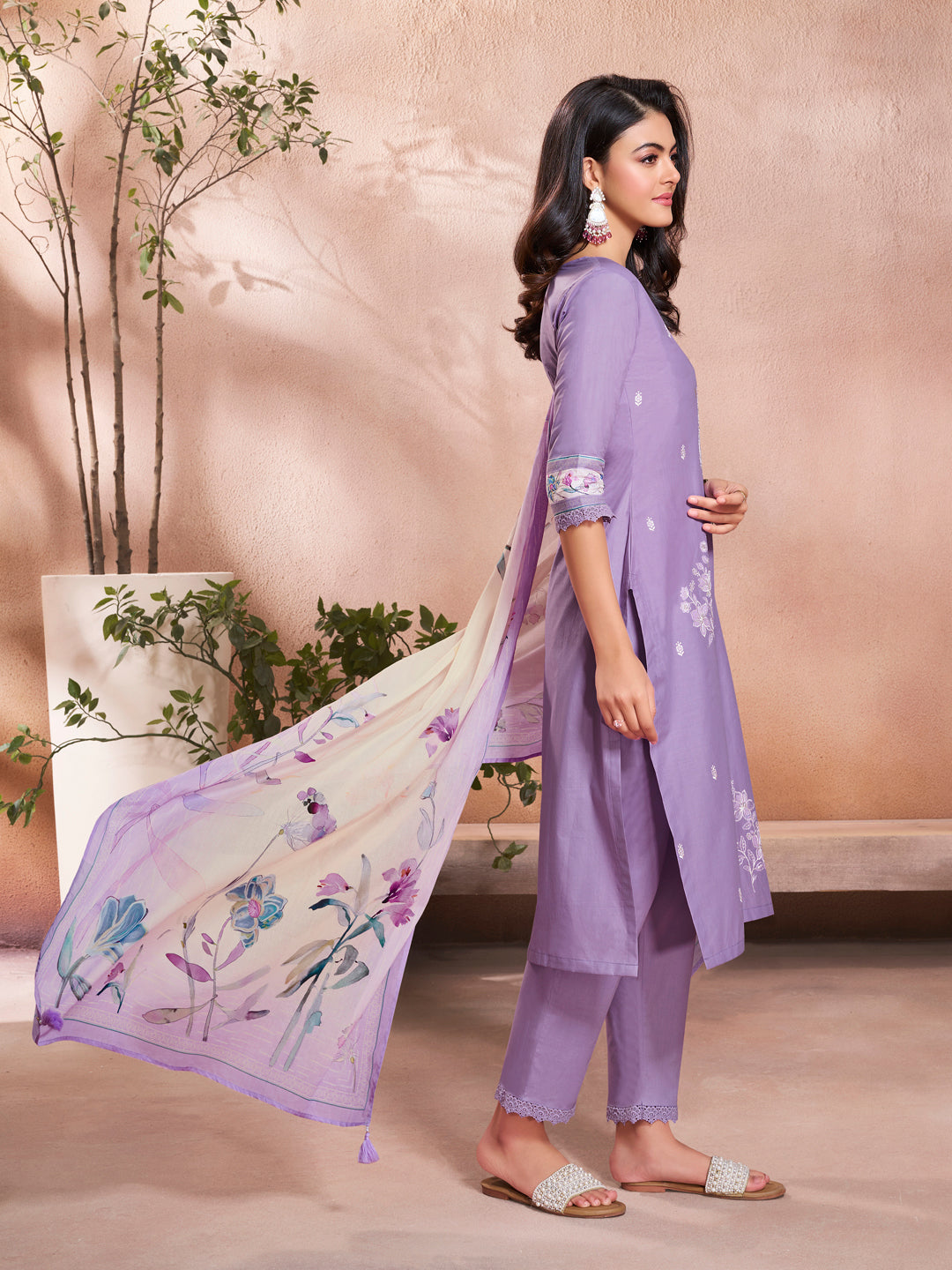 Lavender Cotton Top with Designer Border Trouser and Digital Floral Dupatta Kurta Suit Set