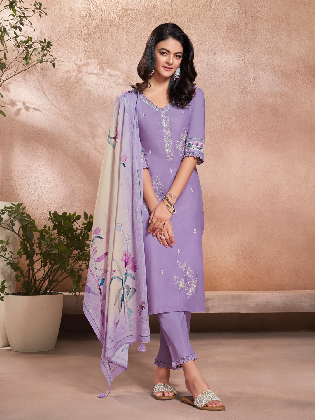 Lavender Cotton Top with Designer Border Trouser and Digital Floral Dupatta Kurta Suit Set