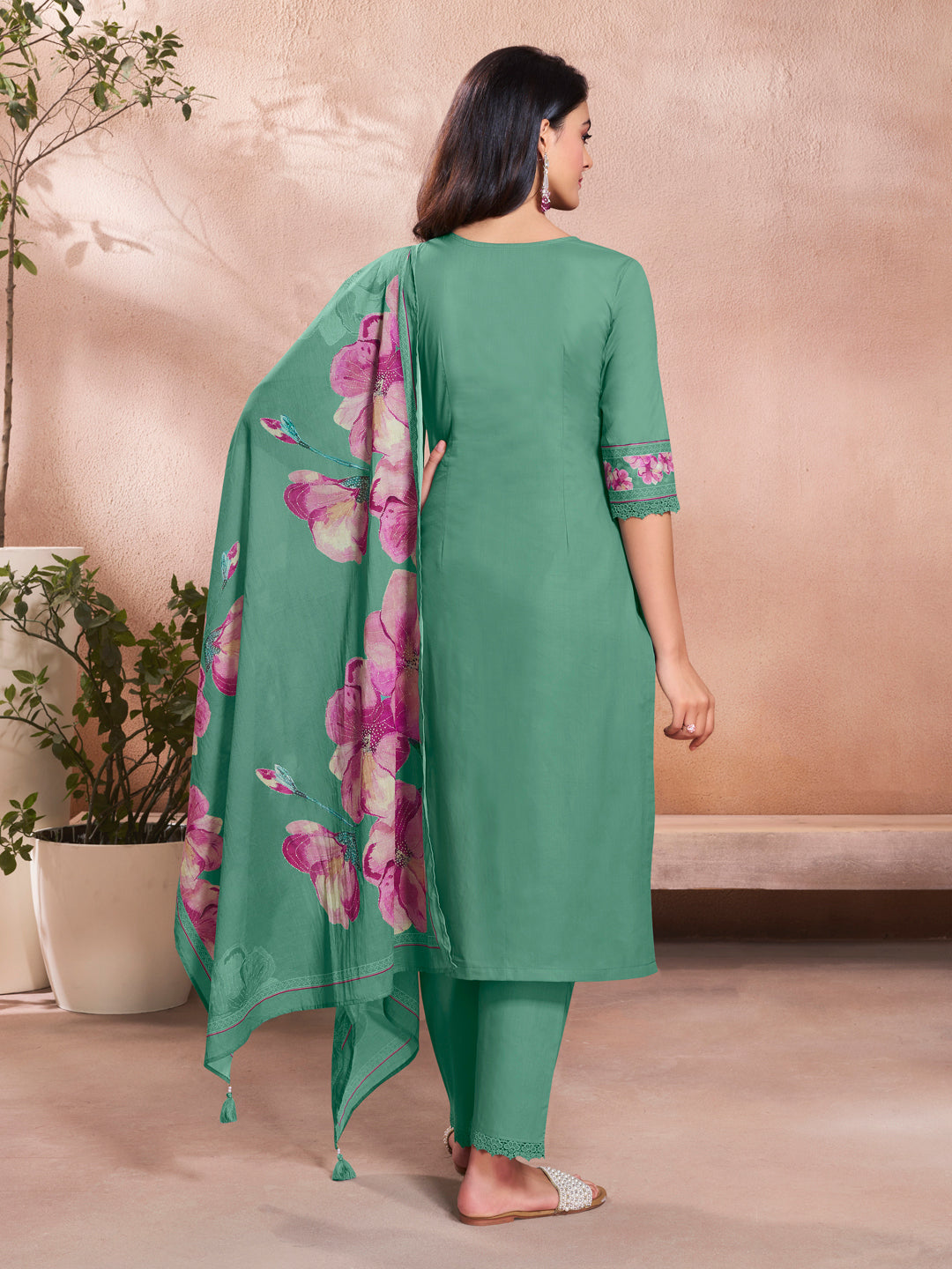 Green Cotton Top with Designer Border Trouser and Digital Floral Dupatta Kurta Suit Set