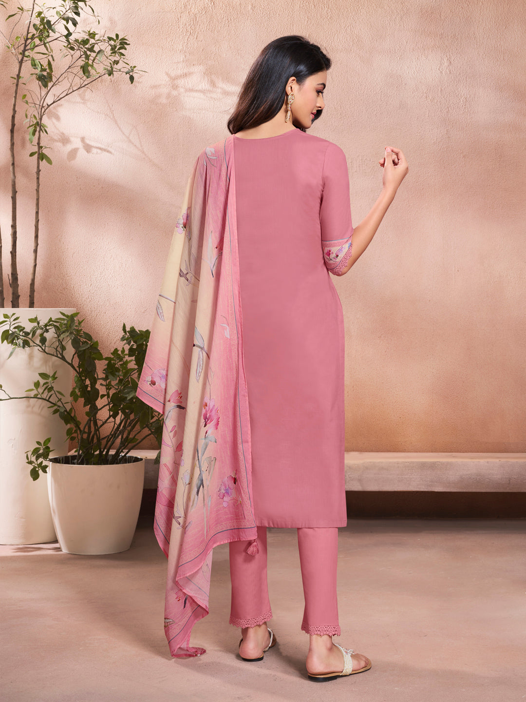 Baby Pink Cotton Top with Designer Border Trouser and Digital Floral Dupatta Kurta Suit Set