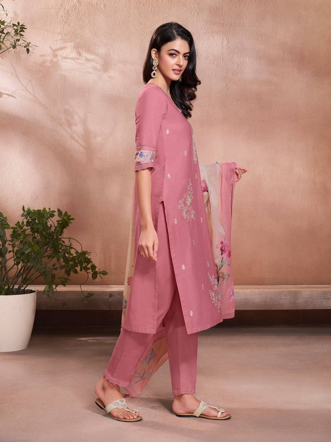 Baby Pink Cotton Top with Designer Border Trouser and Digital Floral Dupatta Kurta Suit Set