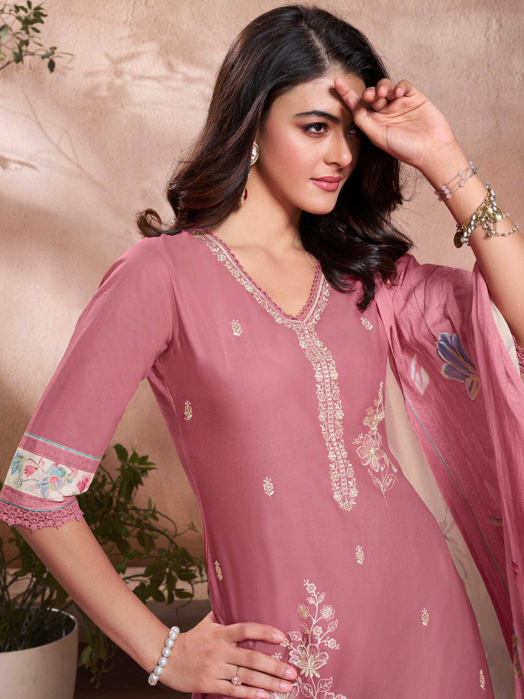 Baby Pink Cotton Top with Designer Border Trouser and Digital Floral Dupatta Kurta Suit Set