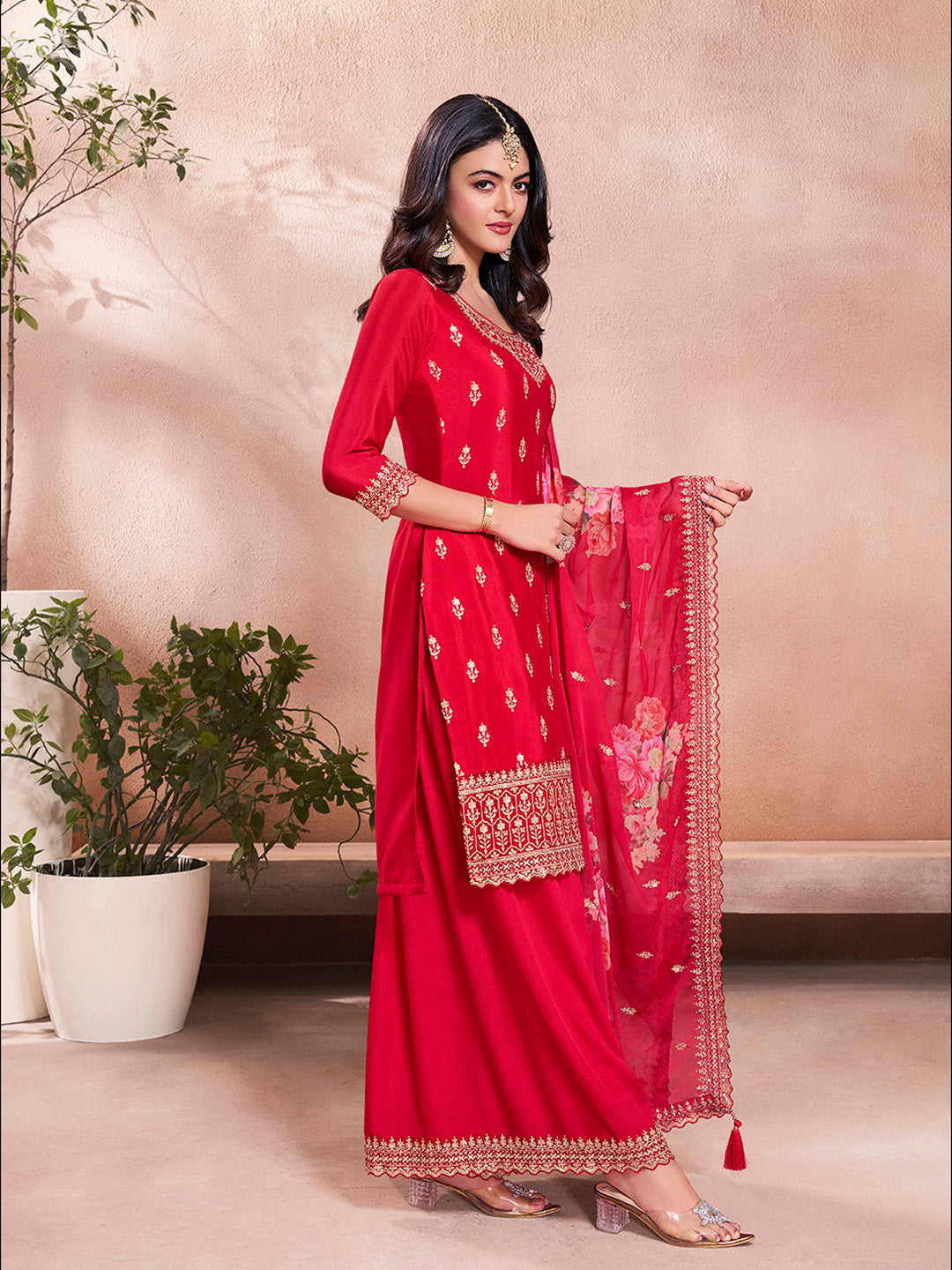 Red Butti Floral Pattern Sequins Embroidered Sharara Suit Set