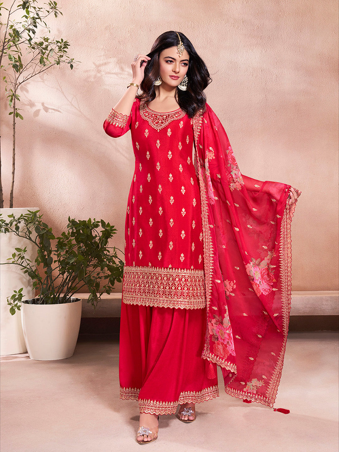 Red Butti Floral Pattern Sequins Embroidered Sharara Suit Set
