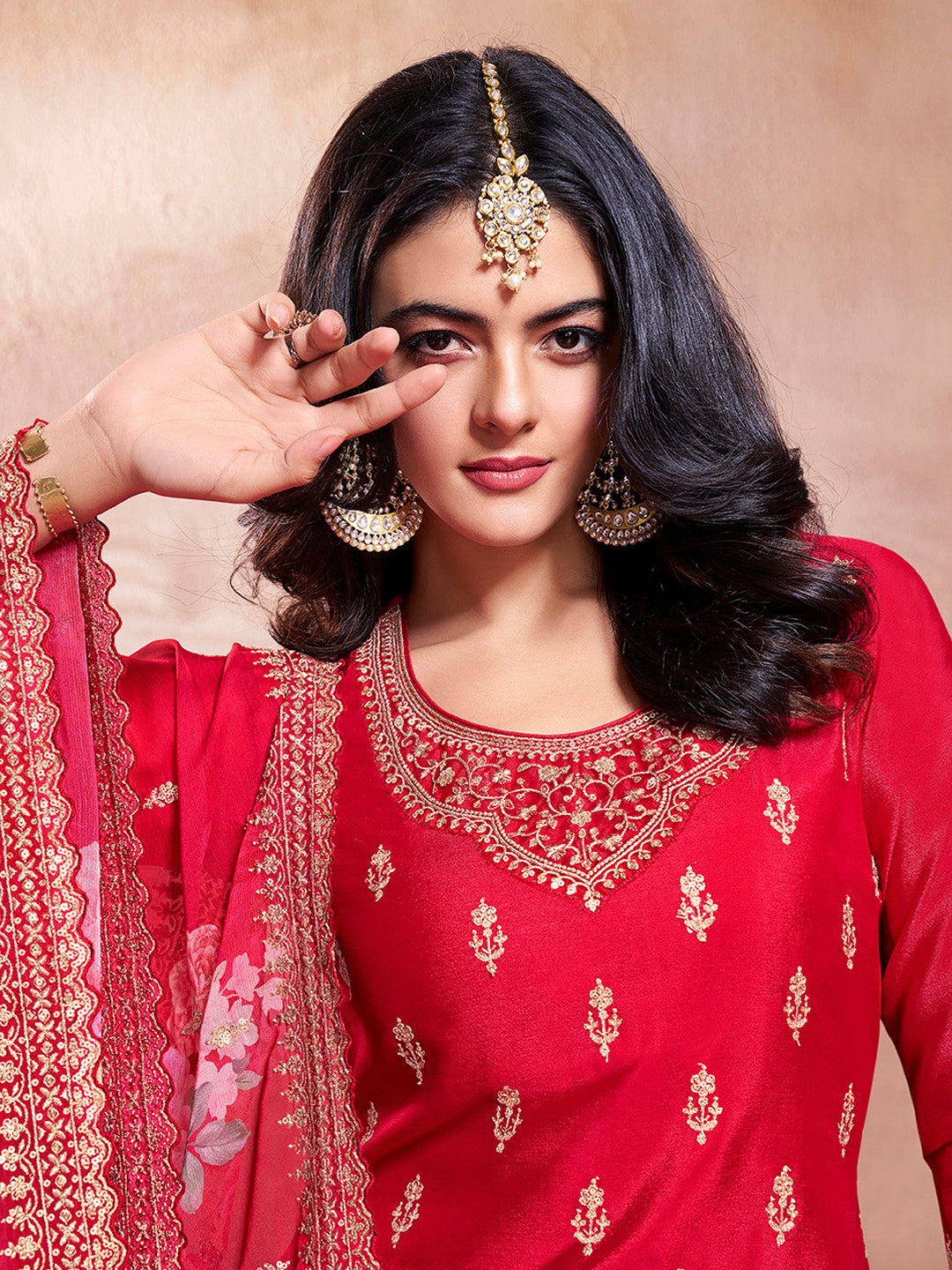 Red Butti Floral Pattern Sequins Embroidered Sharara Suit Set