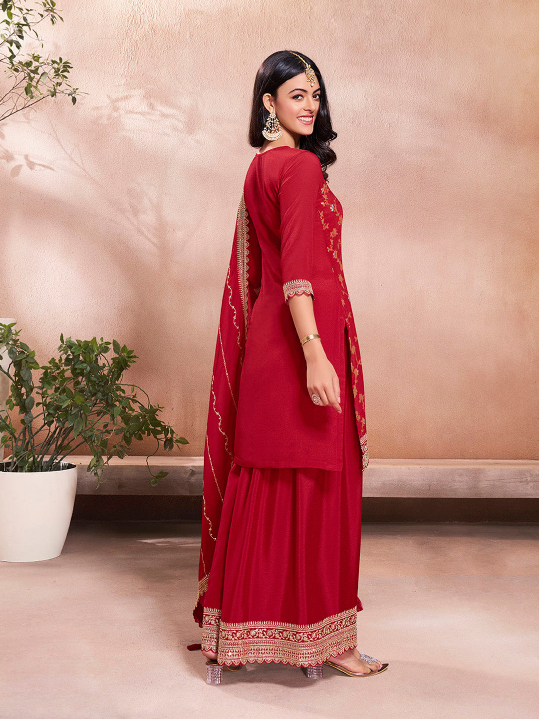 Red Jacquard Embroidery Sharara Suit Set
