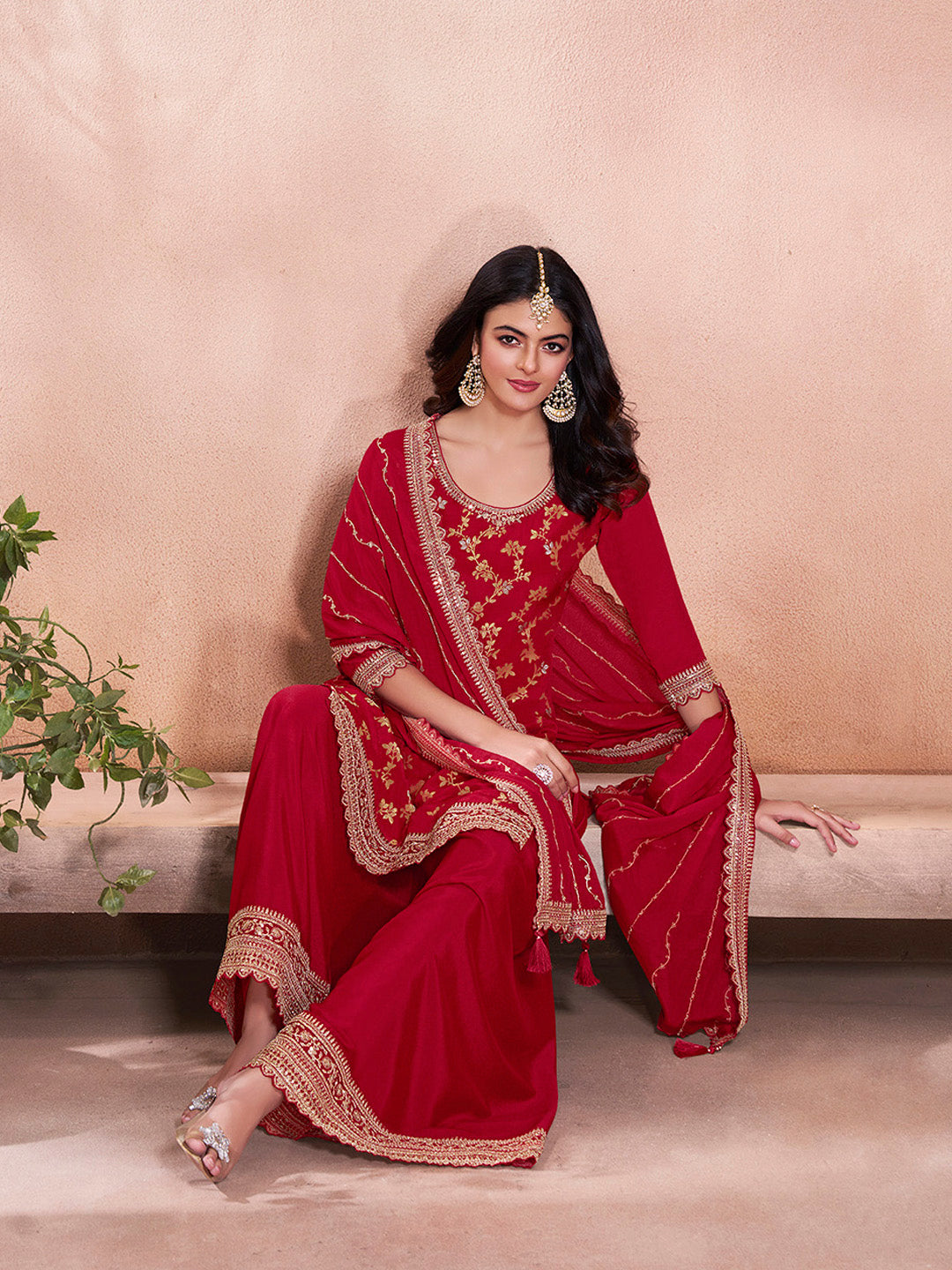 Red Jacquard Embroidery Sharara Suit Set