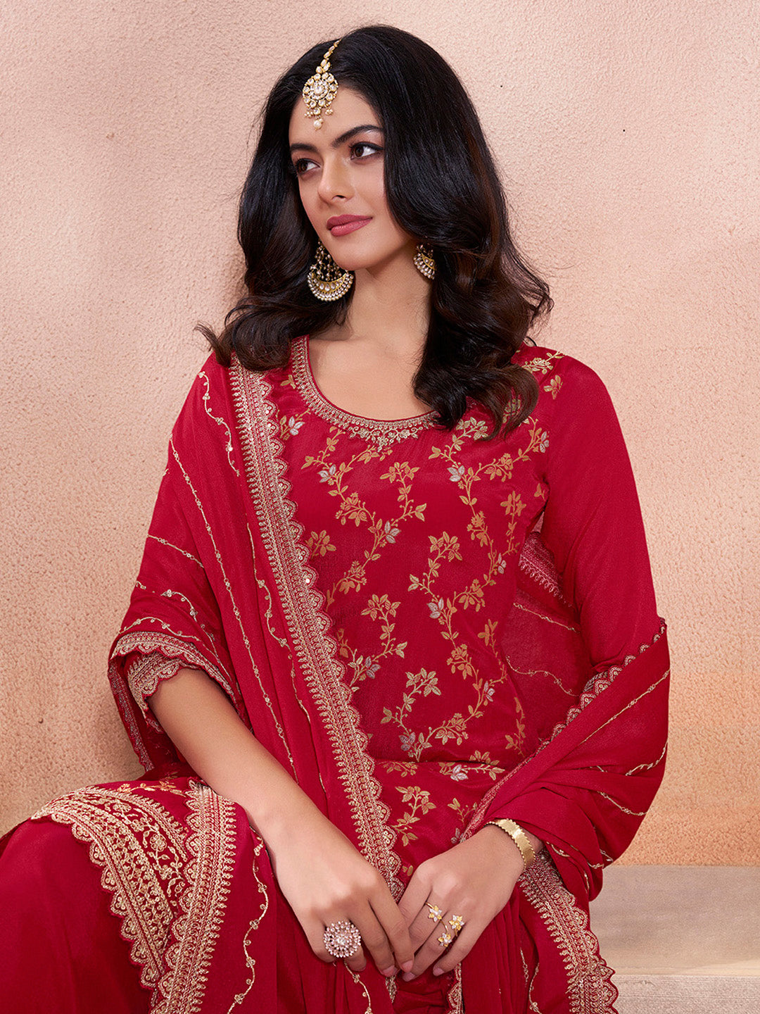 Red Jacquard Embroidery Sharara Suit Set