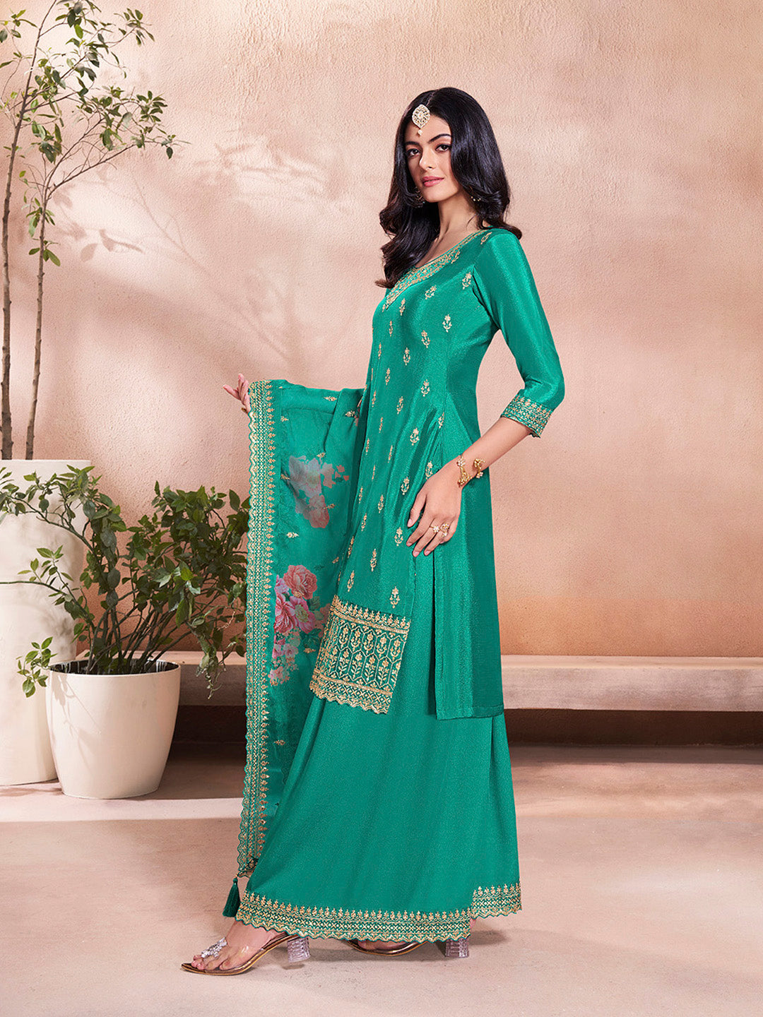 Teal Green Butti Floral Pattern Sequins Embroidered Sharara Suit Set