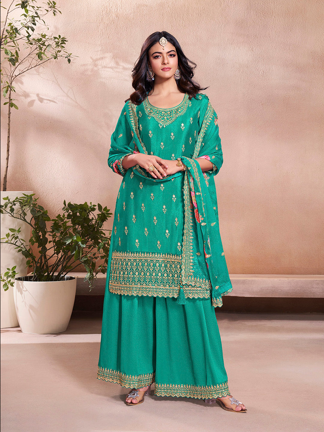 Teal Green Butti Floral Pattern Sequins Embroidered Sharara Suit Set