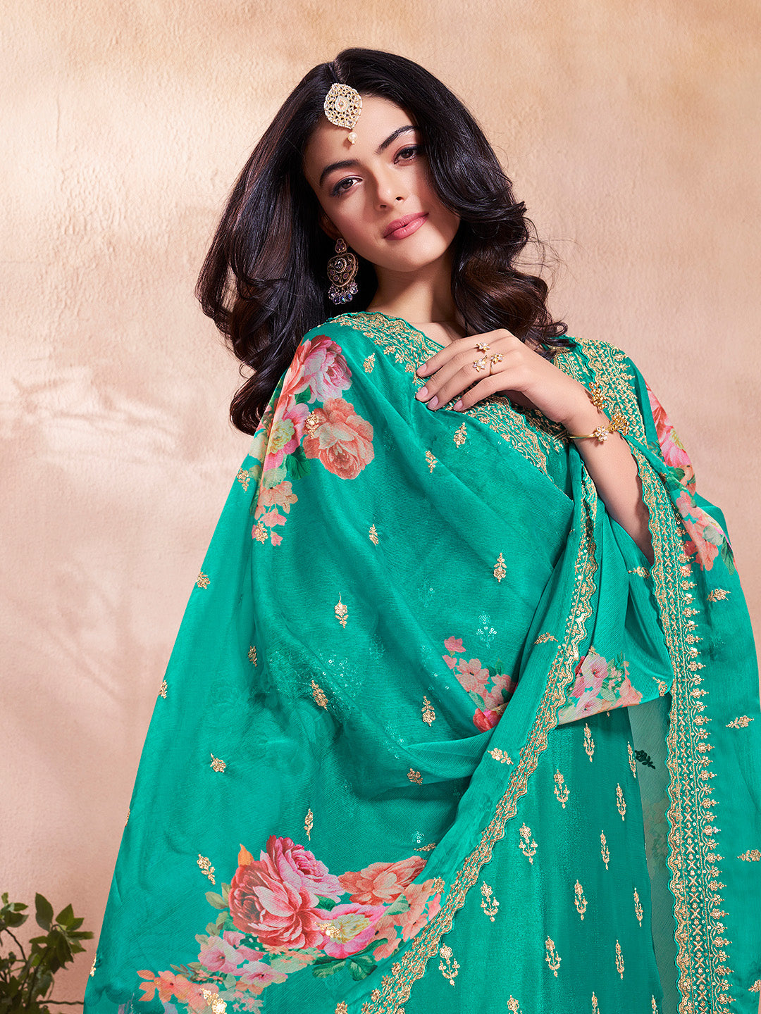Teal Green Butti Floral Pattern Sequins Embroidered Sharara Suit Set