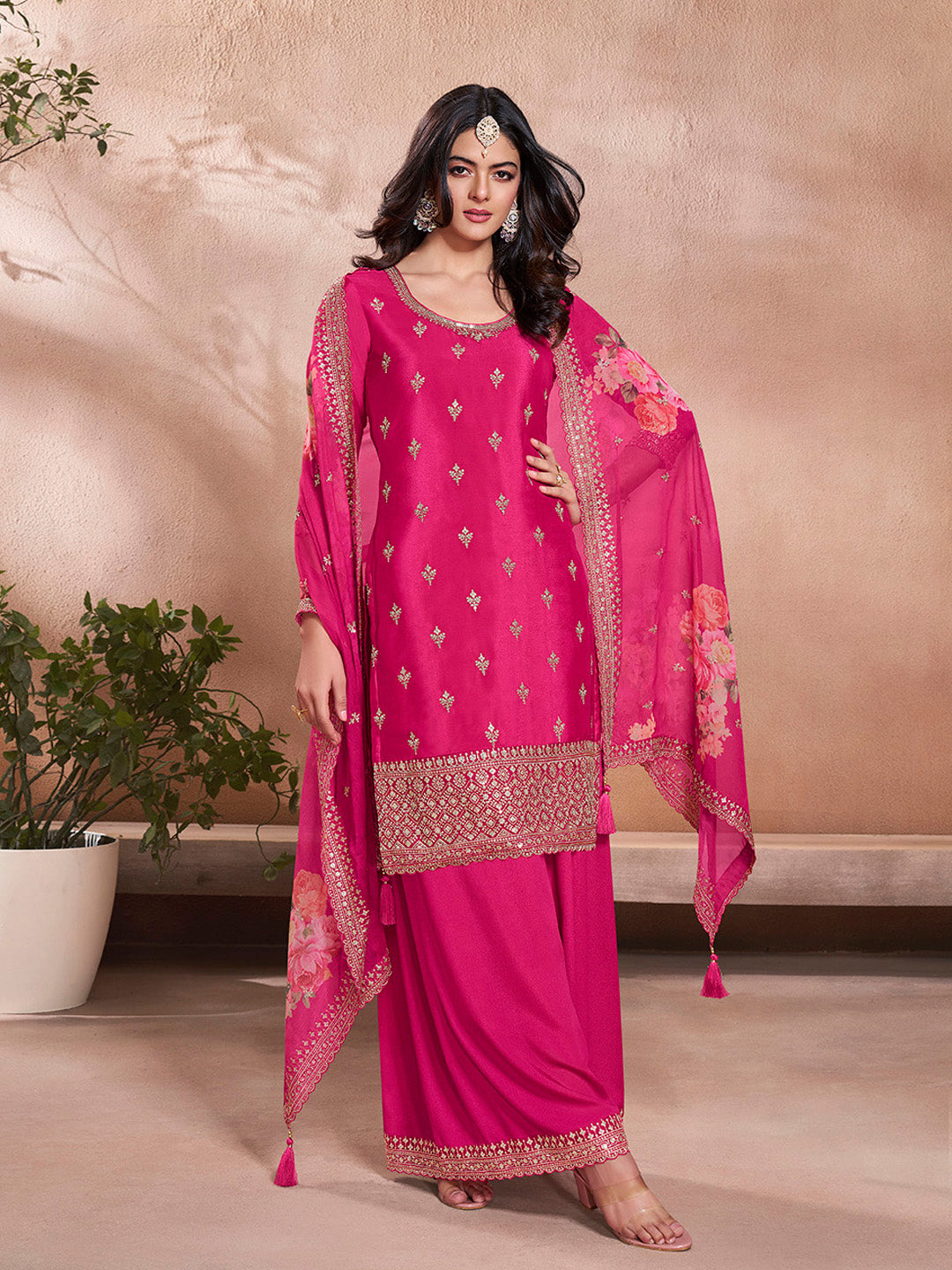 Pink Butti Floral Pattern Sequins Embroidered Sharara Suit Set