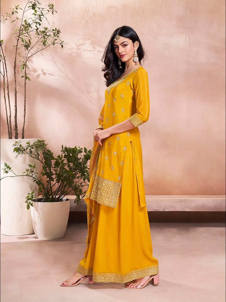 Yellow Butti Floral Pattern Sequins Embroidered Sharara Suit Set