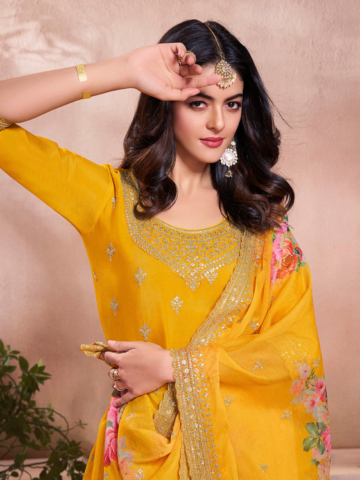 Yellow Butti Floral Pattern Sequins Embroidered Sharara Suit Set