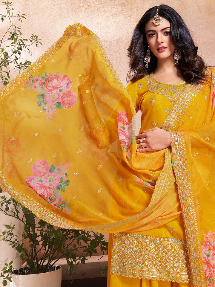 Yellow Butti Floral Pattern Sequins Embroidered Sharara Suit Set