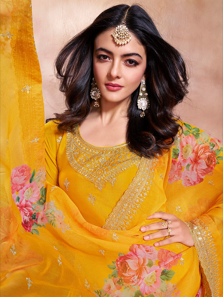 Yellow Butti Floral Pattern Sequins Embroidered Sharara Suit Set