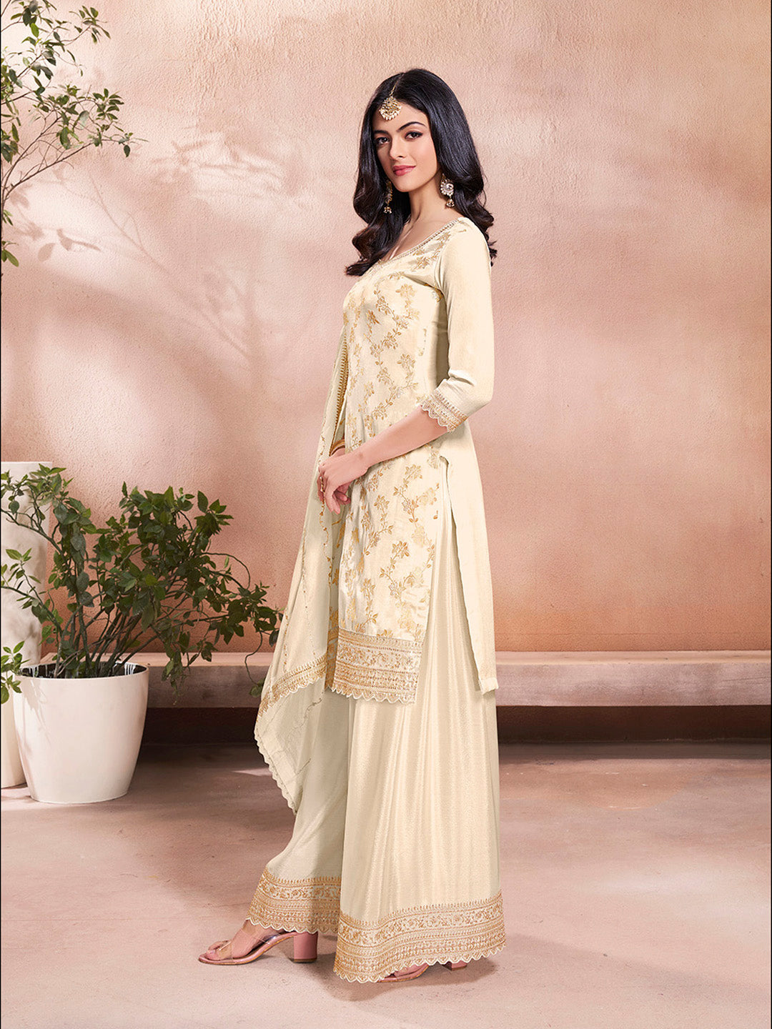 White Jacquard Embroidery Sharara Suit Set