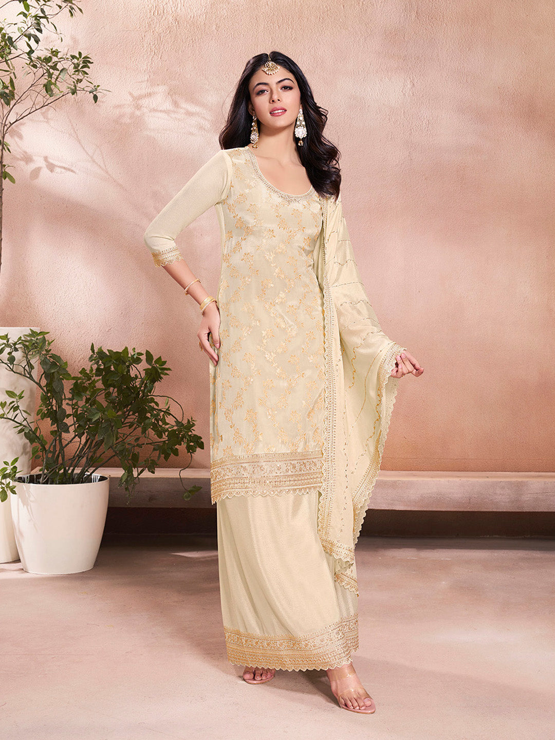 White Jacquard Embroidery Sharara Suit Set