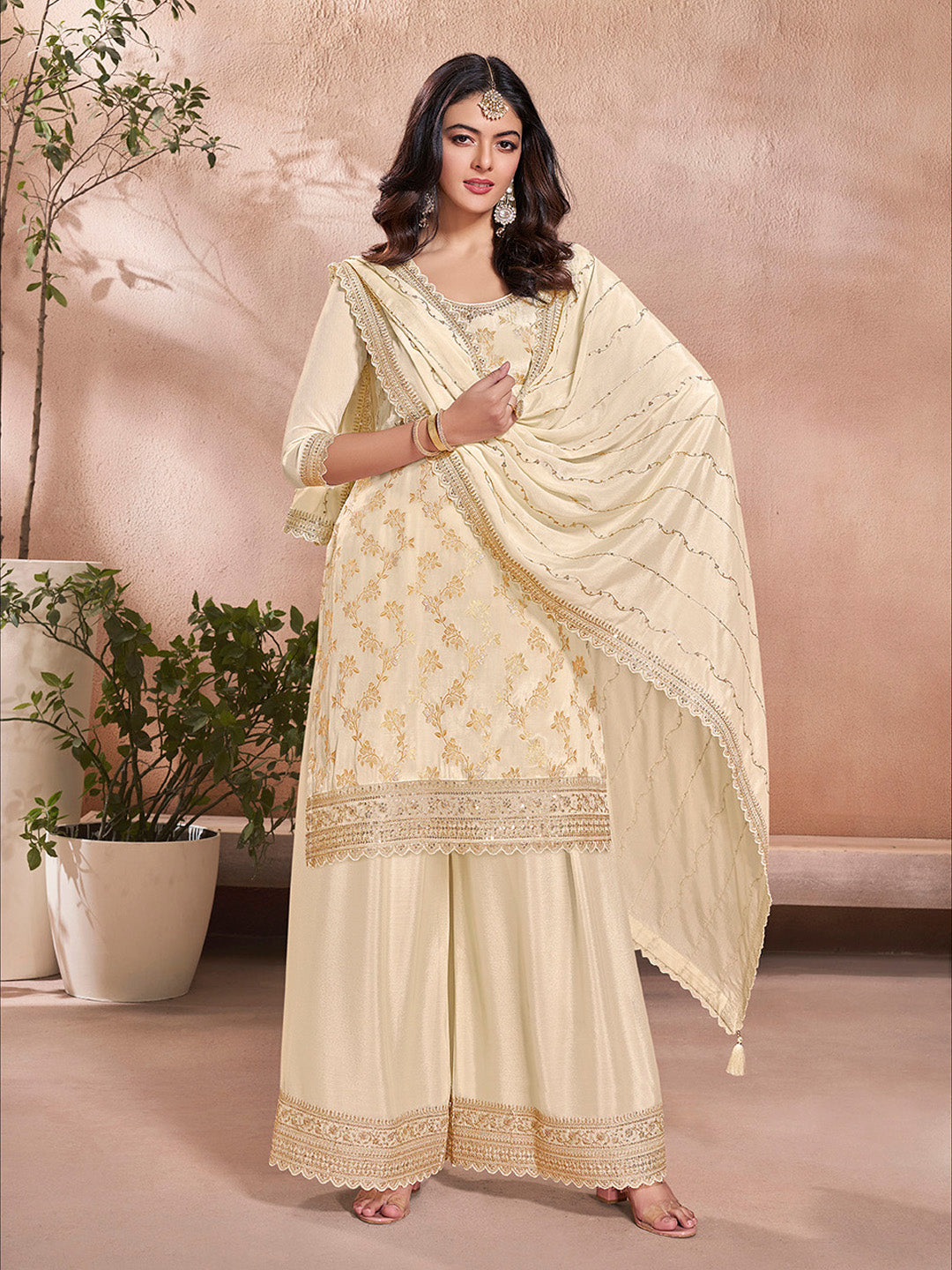 White Jacquard Embroidery Sharara Suit Set