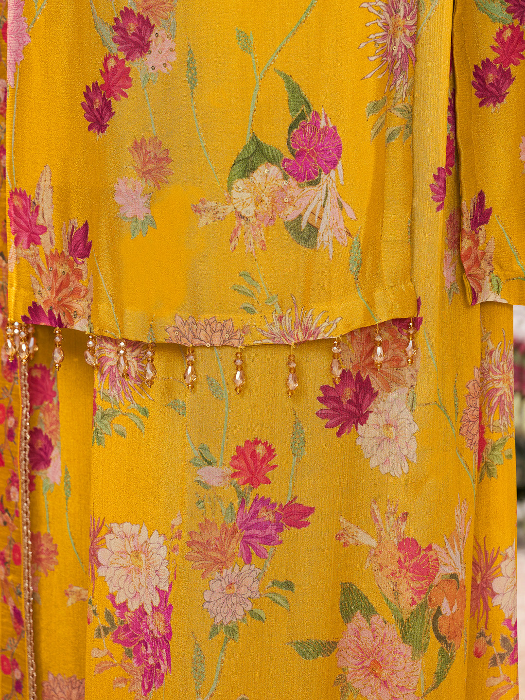 Yellow Chinon Sharara Suit Set with Floral Print and Embroidery Work