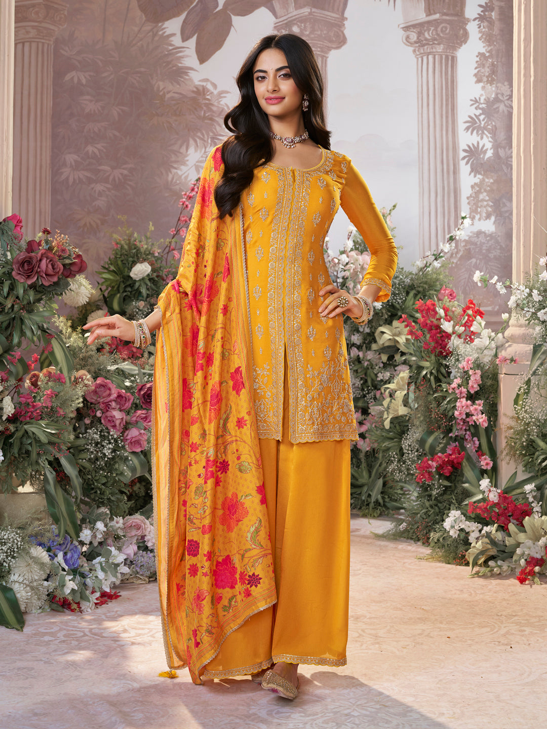 Yellow Chinon Sharara Set with Embroidered Work Paired with Digital Printed Dola Silk Dupatta
