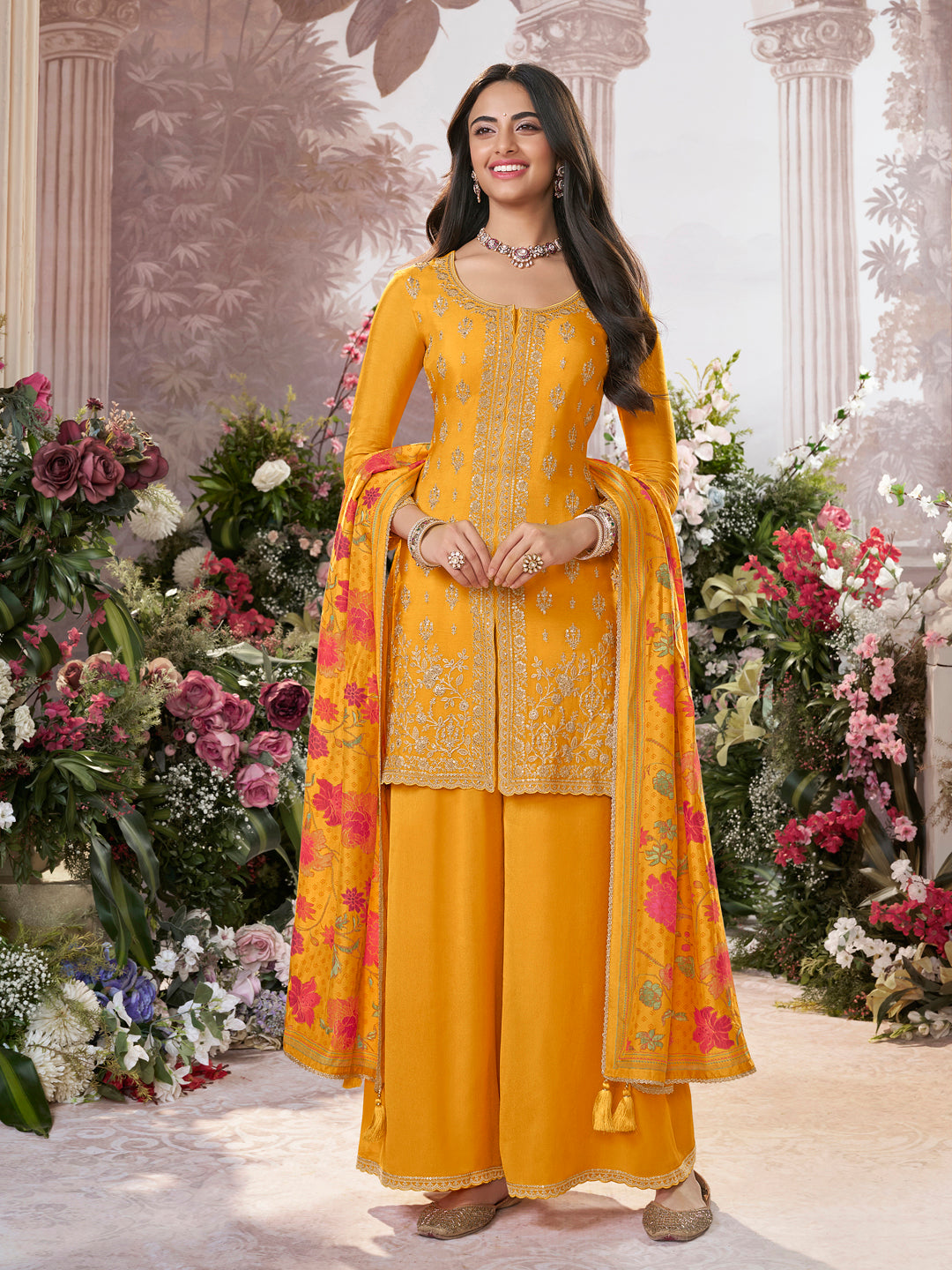 Yellow Chinon Sharara Set with Embroidered Work Paired with Digital Printed Dola Silk Dupatta
