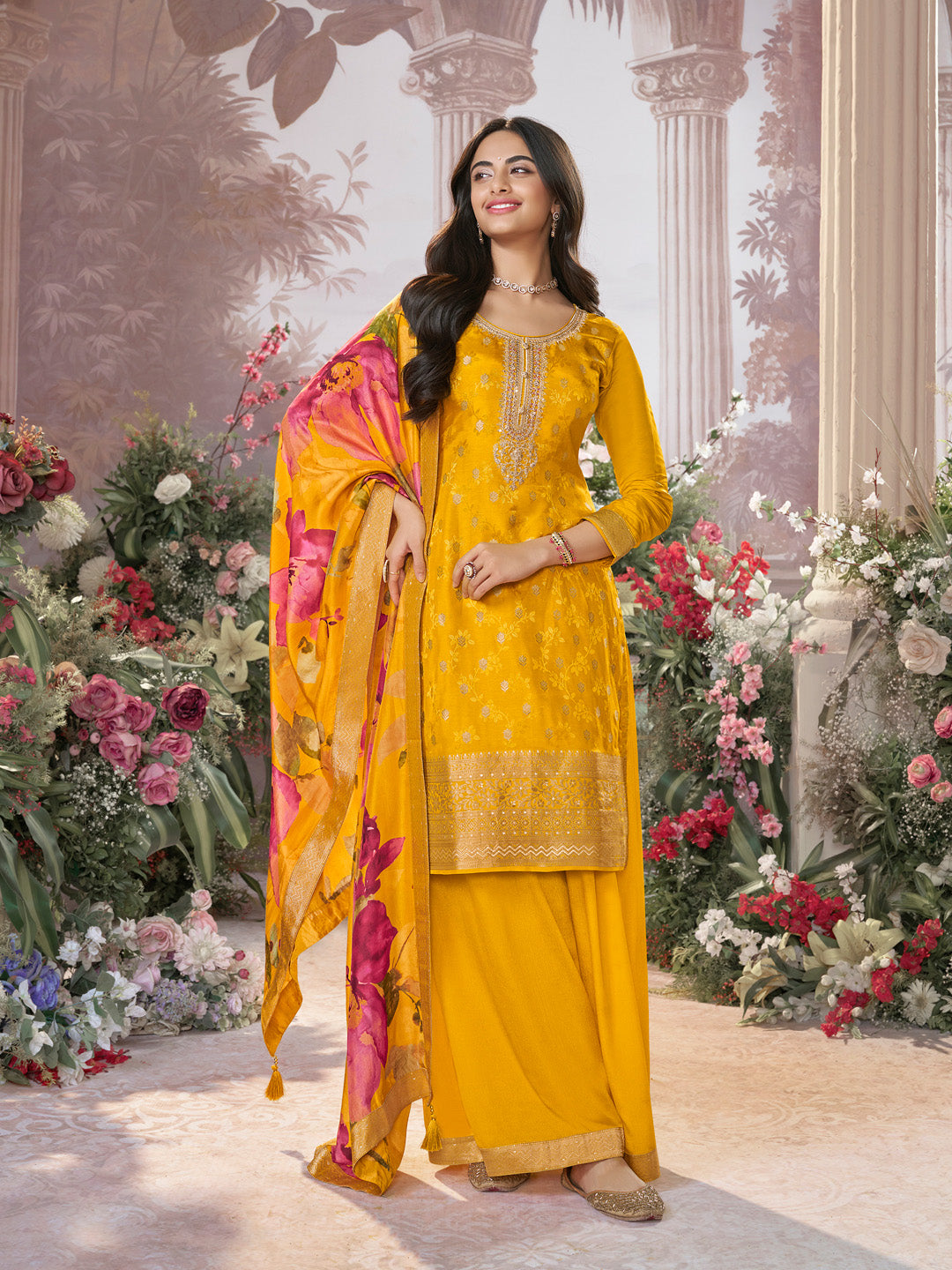 Mustard Dola Silk Jacquard & Embroidery Sharara Set with Digital Print Dola Silk Dupatta