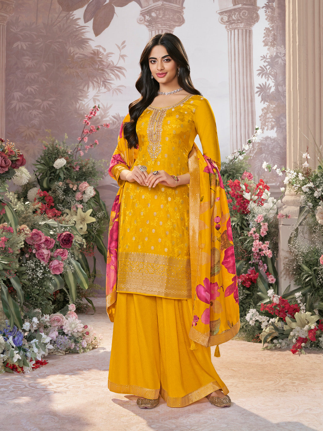 Mustard Dola Silk Jacquard & Embroidery Sharara Set with Digital Print Dola Silk Dupatta