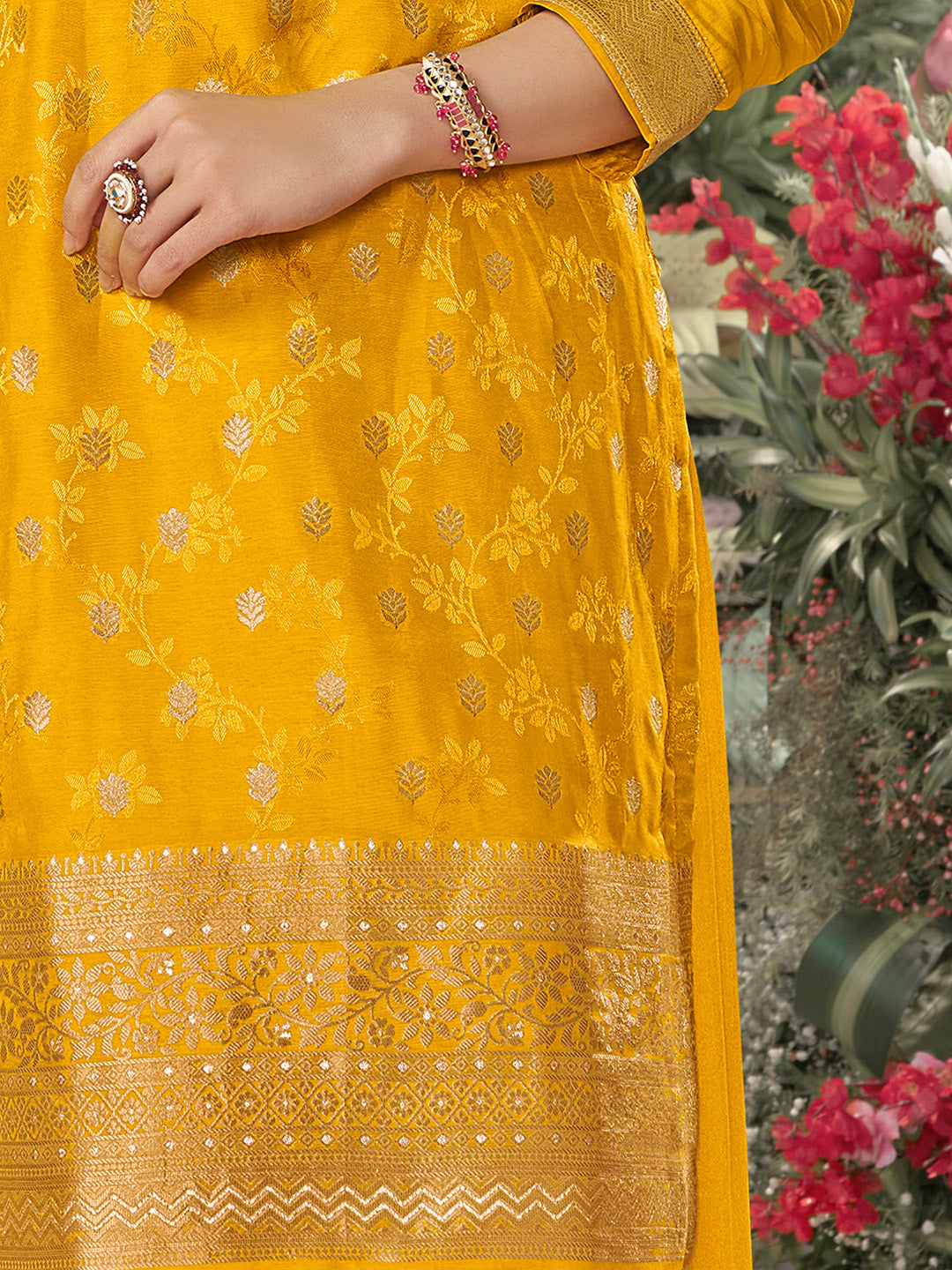 Mustard Dola Silk Jacquard & Embroidery Sharara Set with Digital Print Dola Silk Dupatta