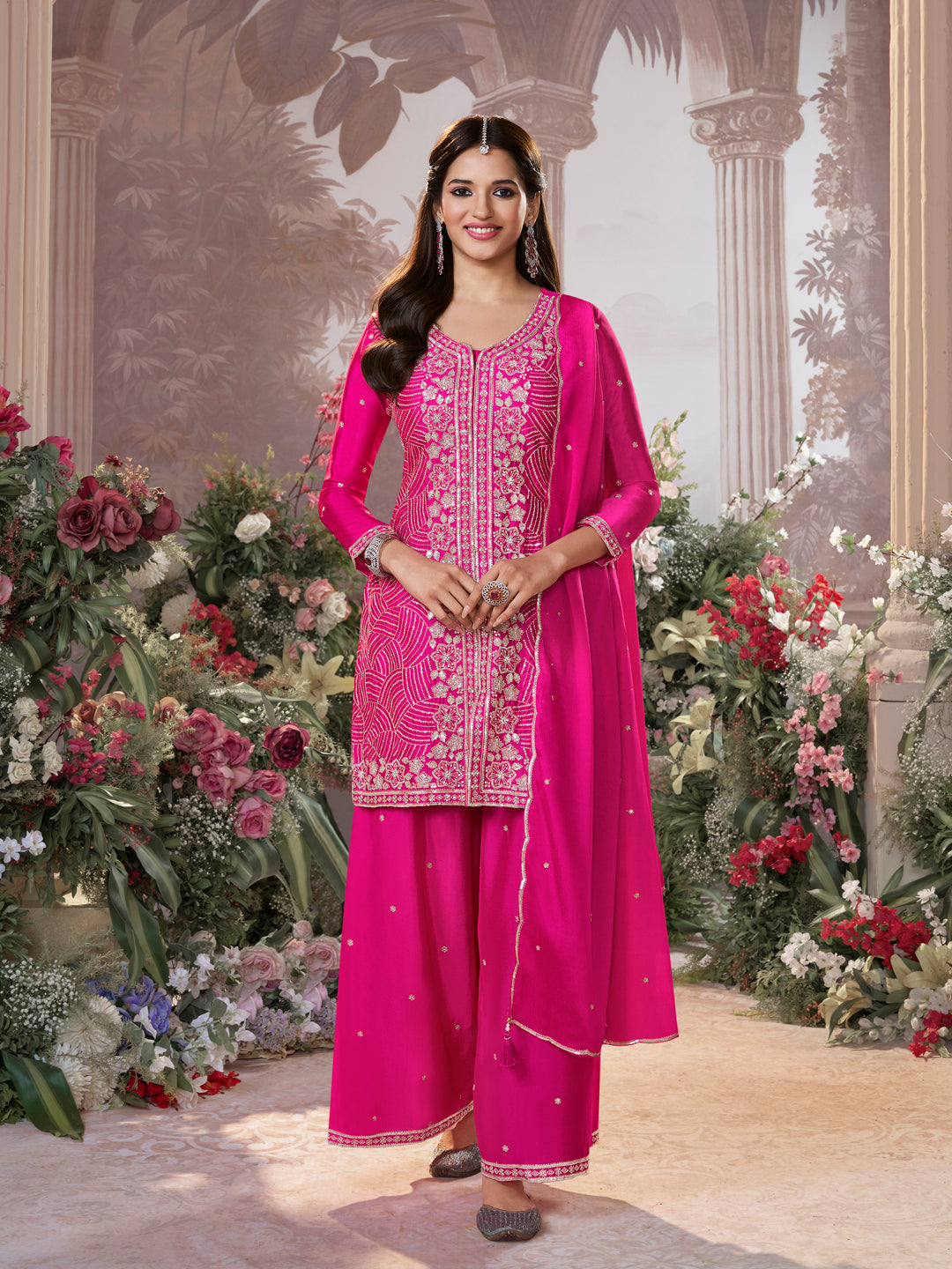 Pink Chinon Embroidered Sharara Suit with Butti Work and Sequins Scalloped Border Dupatta