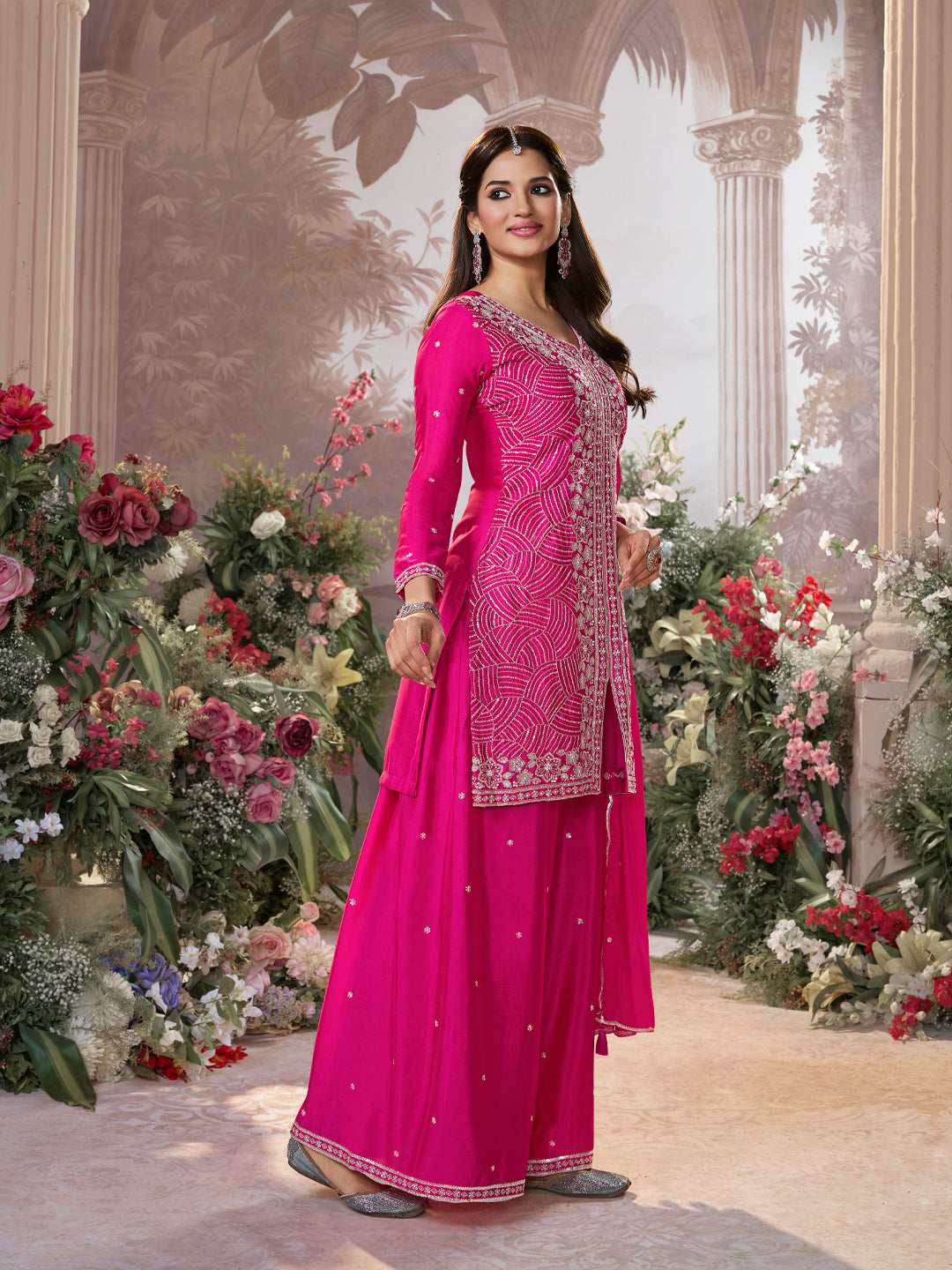 Pink Chinon Embroidered Sharara Suit with Butti Work and Sequins Scalloped Border Dupatta