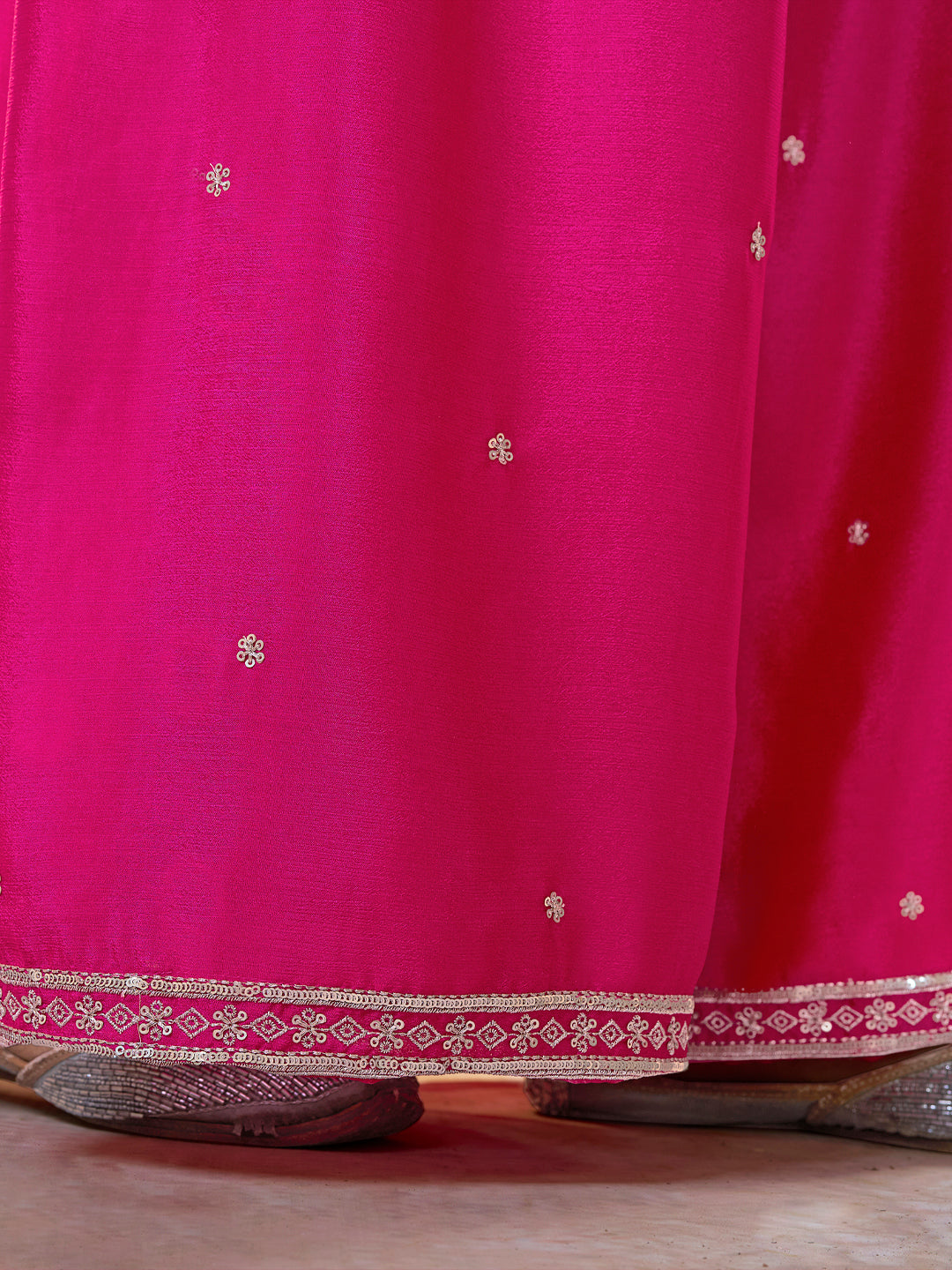 Pink Chinon Embroidered Sharara Suit with Butti Work and Sequins Scalloped Border Dupatta