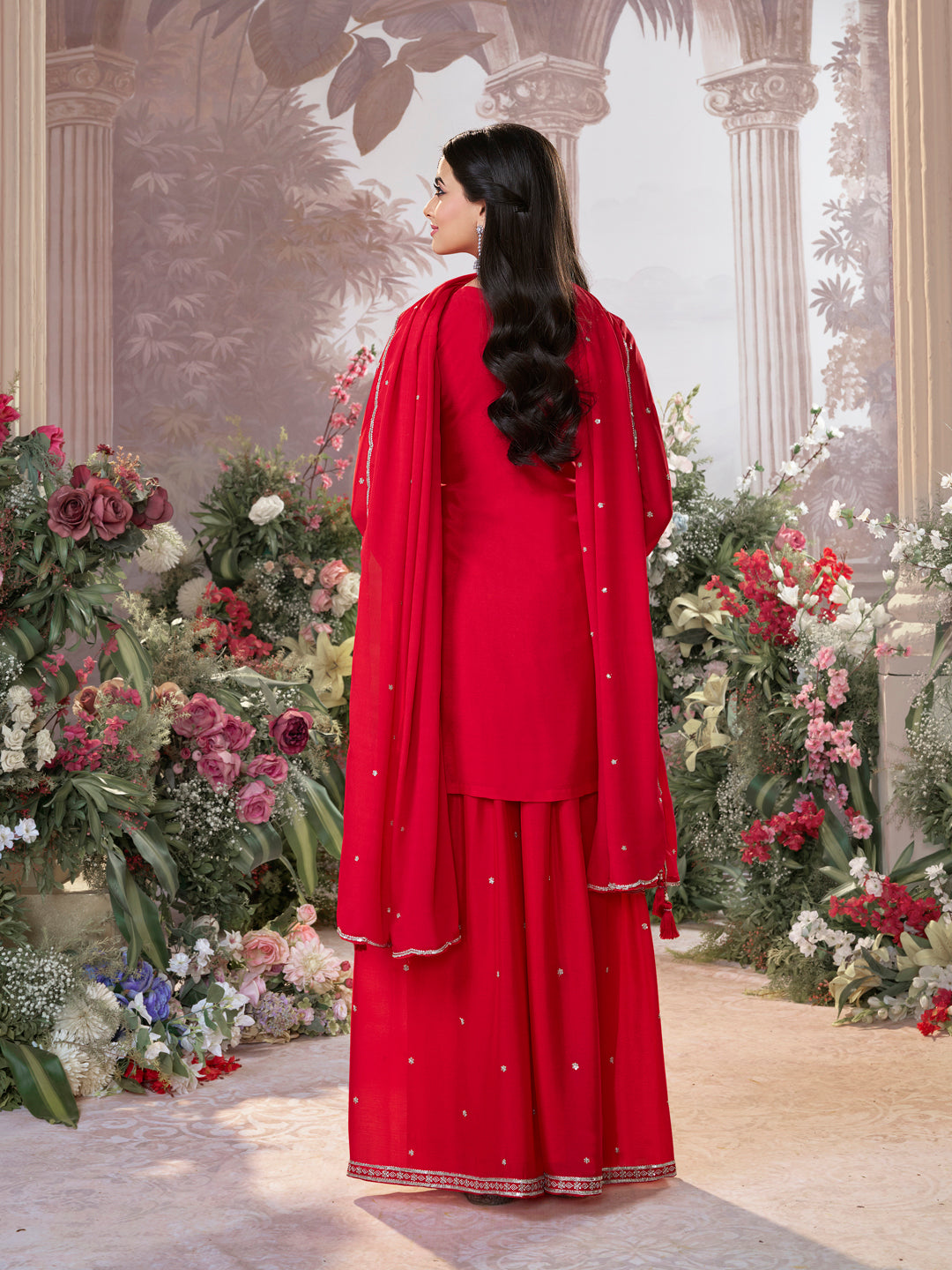 Red Chinon Embroidered Sharara Suit with Butti Work and Sequins Scalloped Border Dupatta