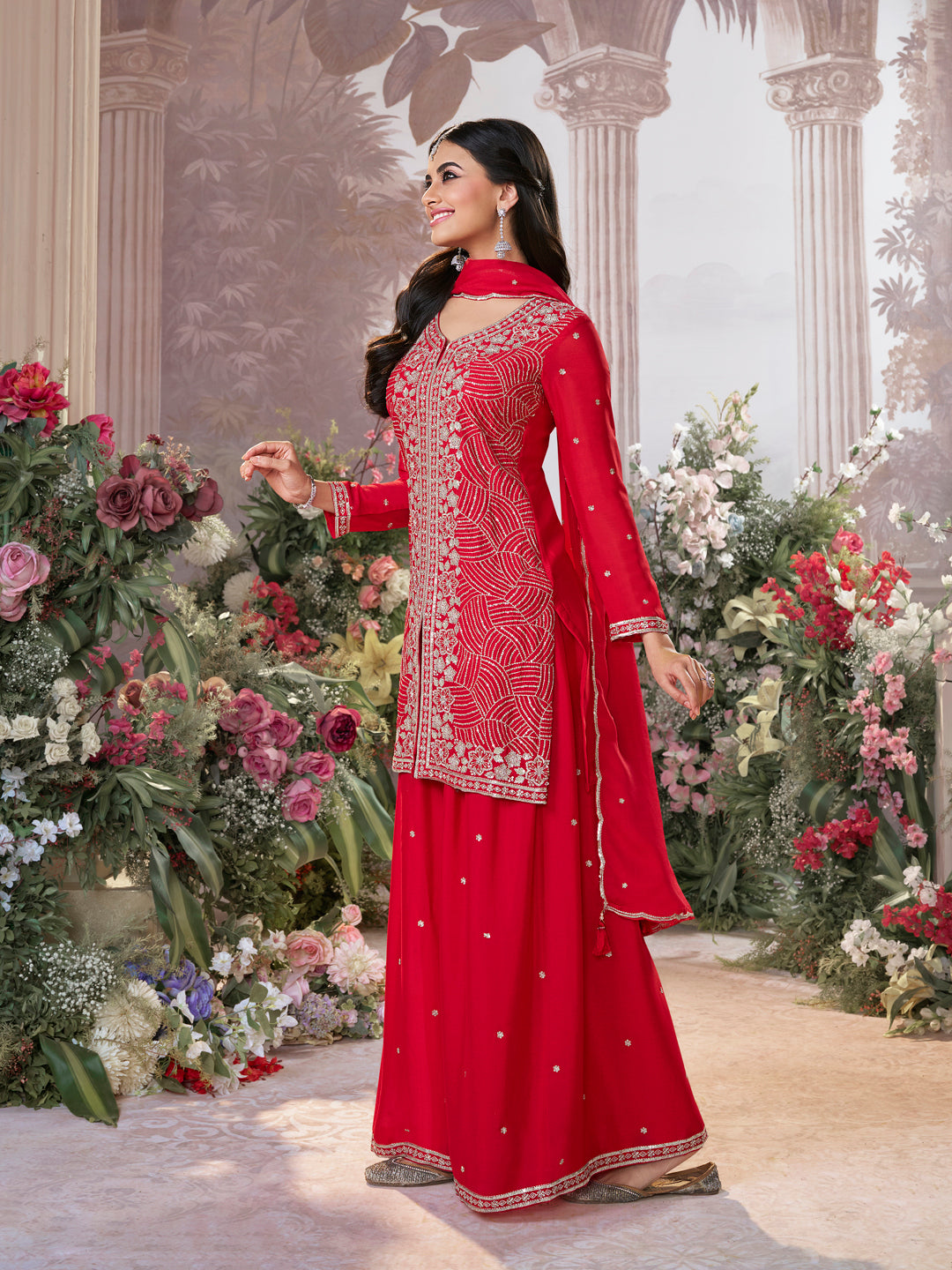 Red Chinon Embroidered Sharara Suit with Butti Work and Sequins Scalloped Border Dupatta
