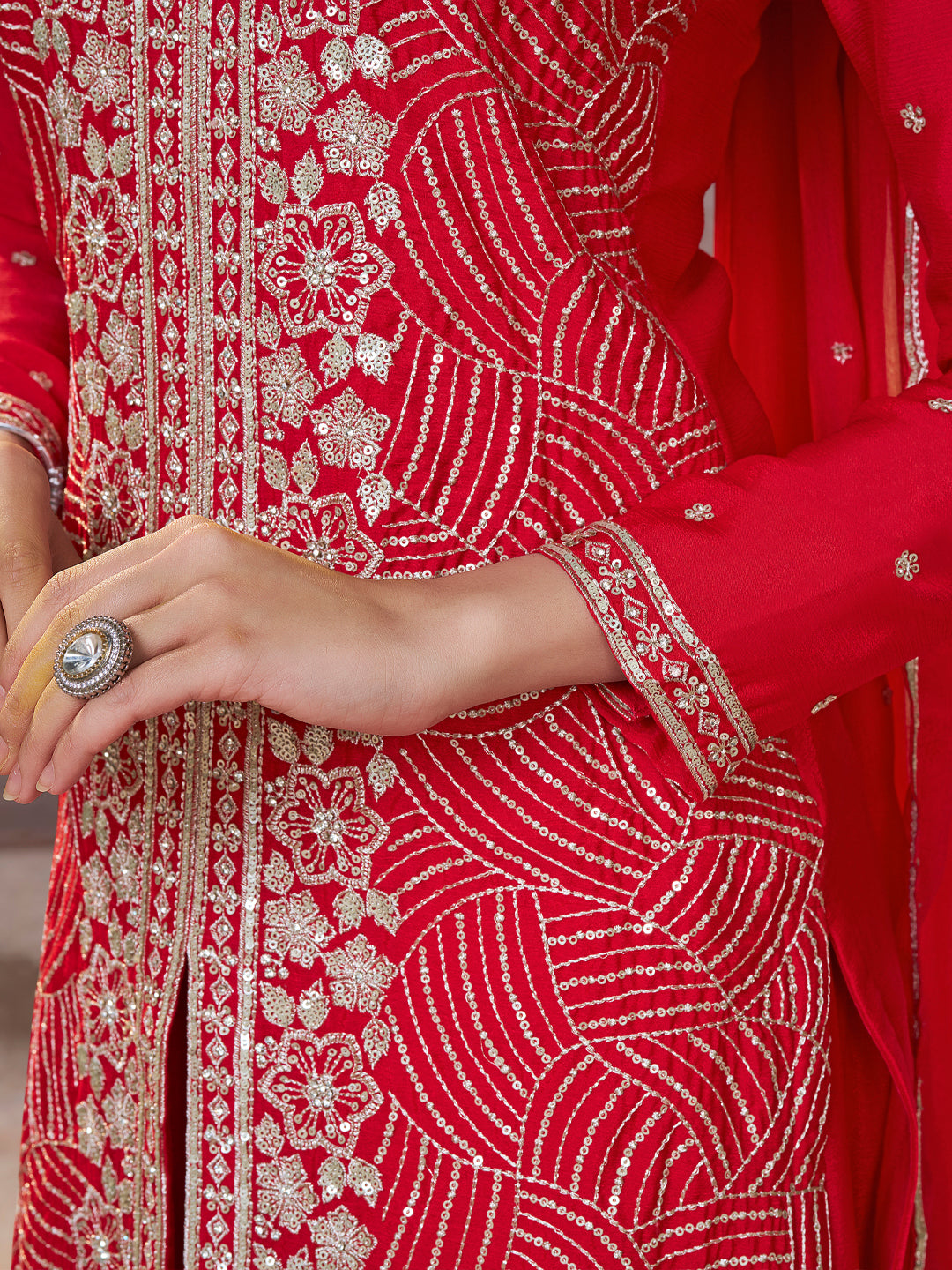 Red Chinon Embroidered Sharara Suit with Butti Work and Sequins Scalloped Border Dupatta