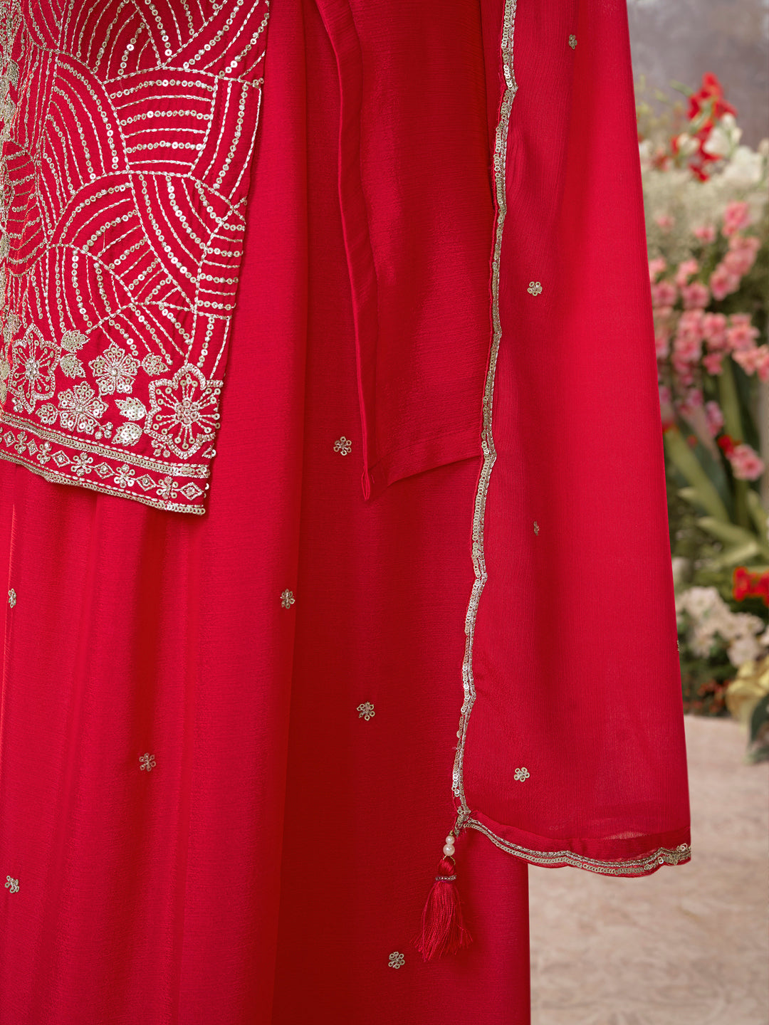 Red Chinon Embroidered Sharara Suit with Butti Work and Sequins Scalloped Border Dupatta