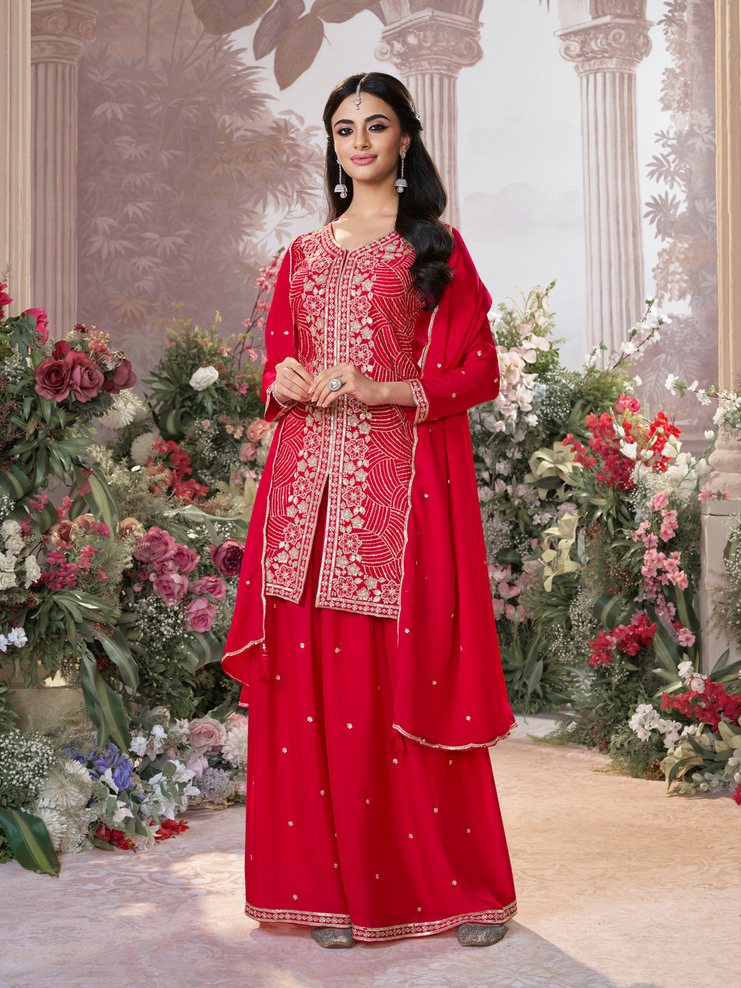 Red Chinon Embroidered Sharara Suit with Butti Work and Sequins Scalloped Border Dupatta