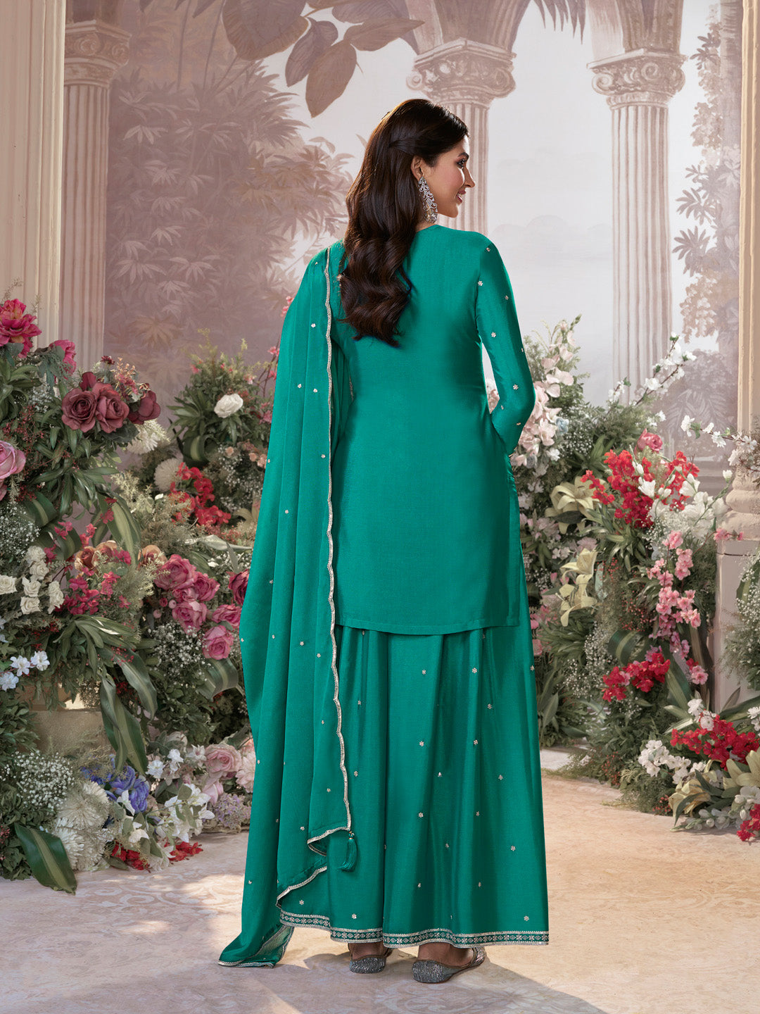 Green Chinon Embroidered Sharara Suit with Butti Work and Sequins Scalloped Border Dupatta