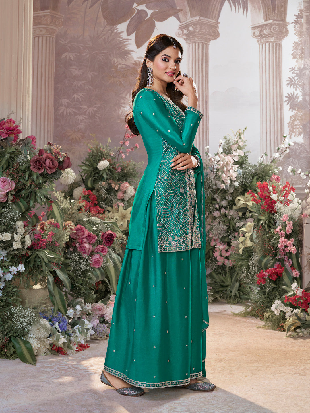 Green Chinon Embroidered Sharara Suit with Butti Work and Sequins Scalloped Border Dupatta