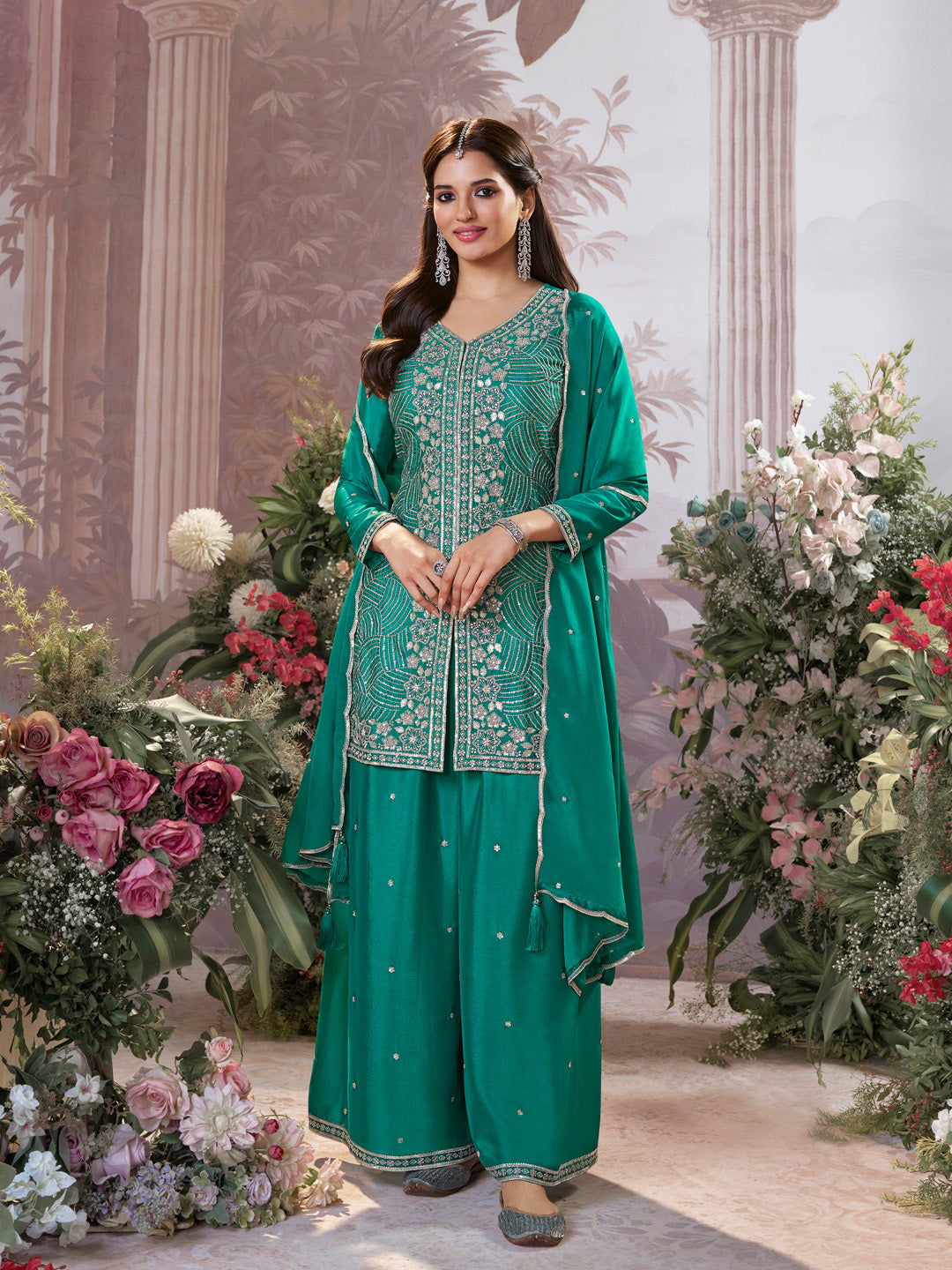 Green Chinon Embroidered Sharara Suit with Butti Work and Sequins Scalloped Border Dupatta
