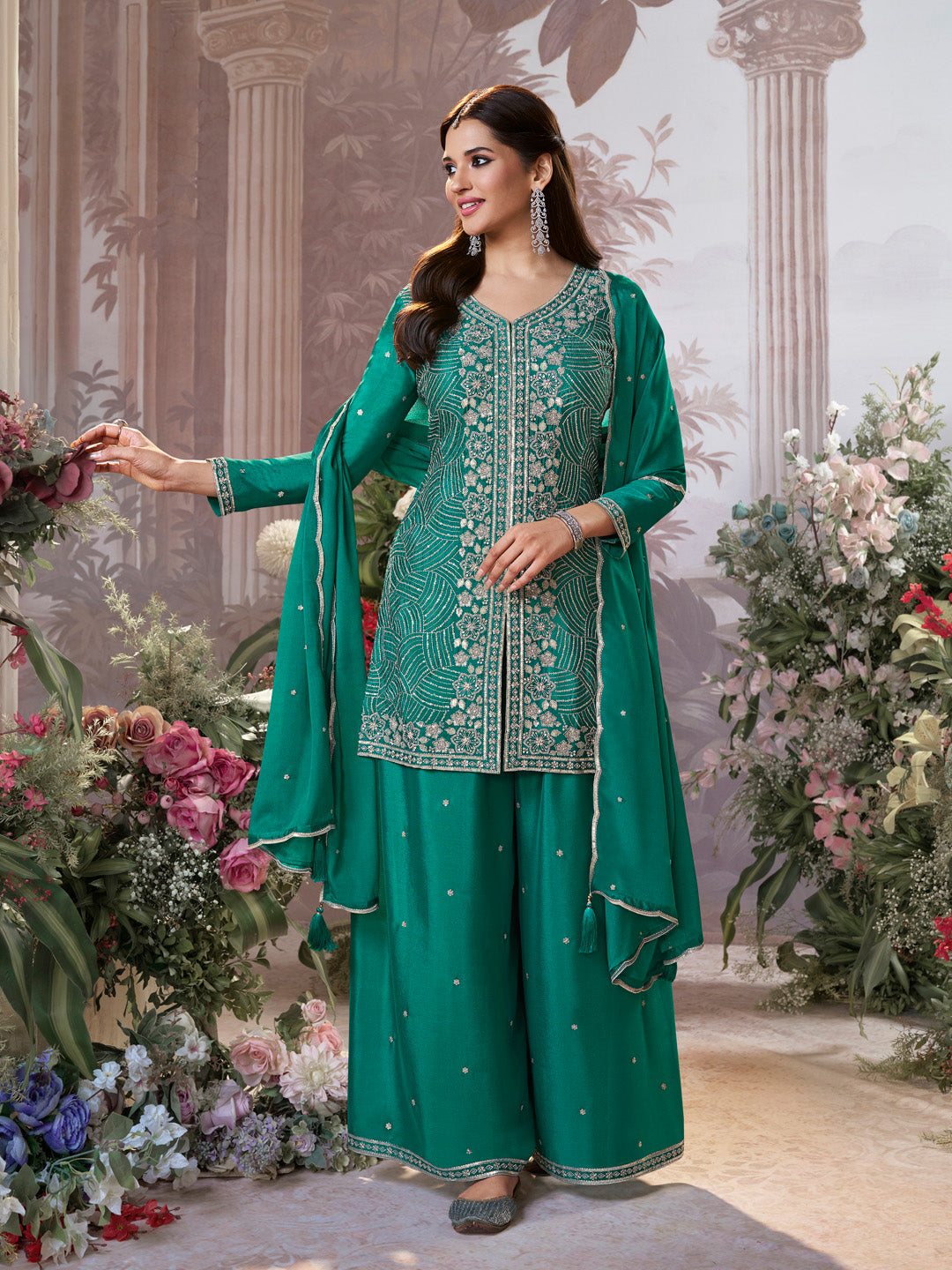Green Chinon Embroidered Sharara Suit with Butti Work and Sequins Scalloped Border Dupatta