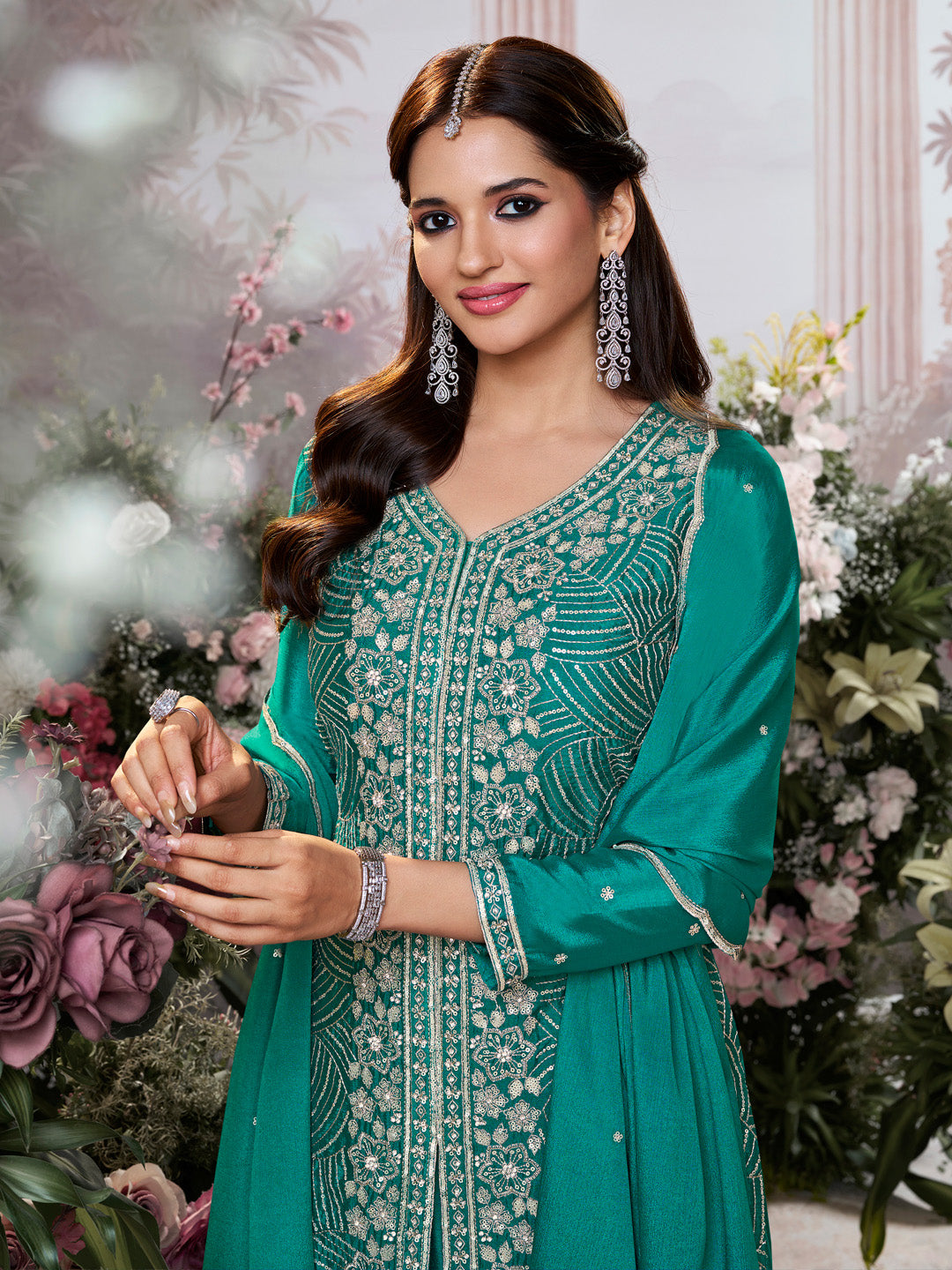 Green Chinon Embroidered Sharara Suit with Butti Work and Sequins Scalloped Border Dupatta