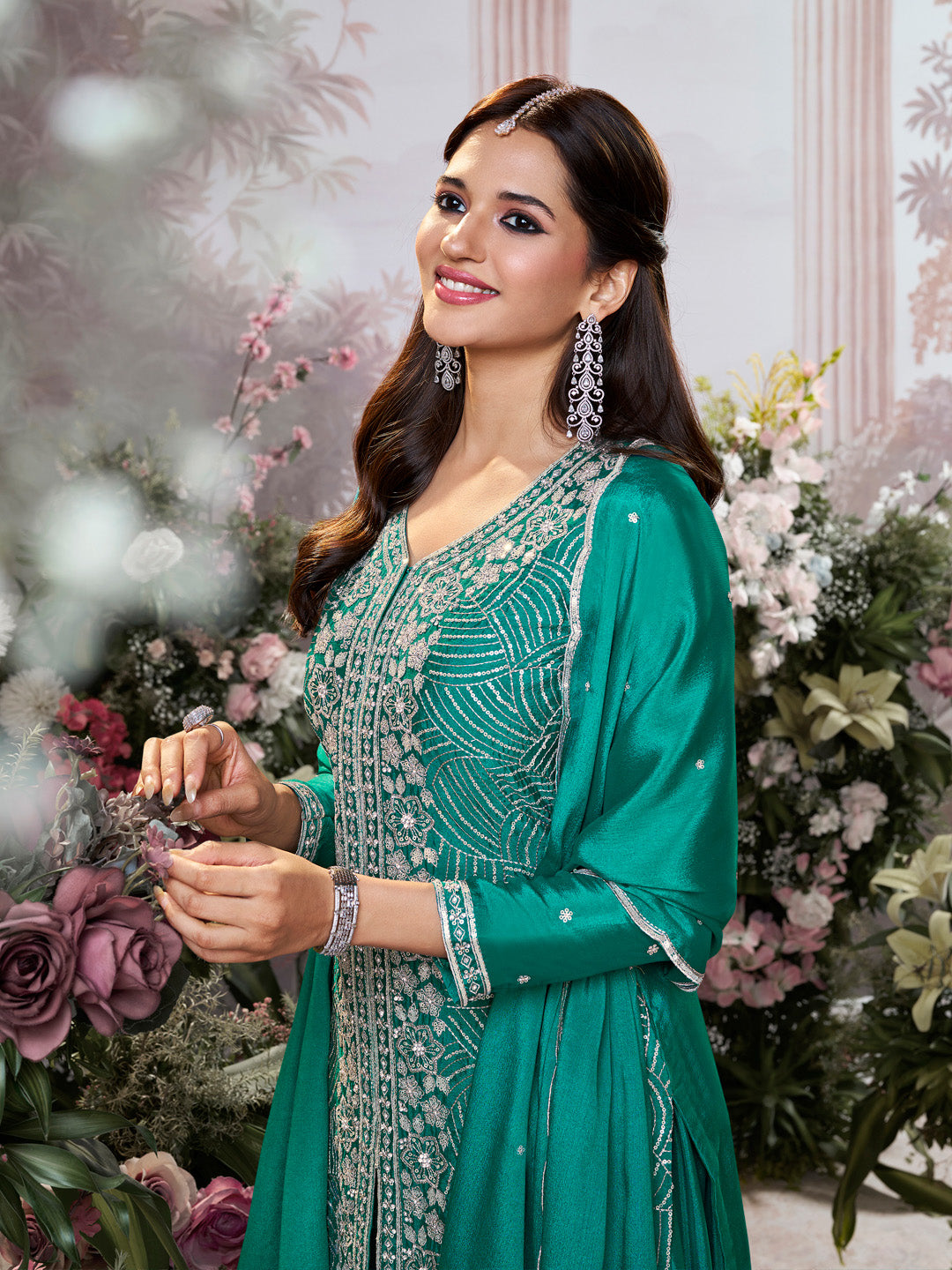Green Chinon Embroidered Sharara Suit with Butti Work and Sequins Scalloped Border Dupatta