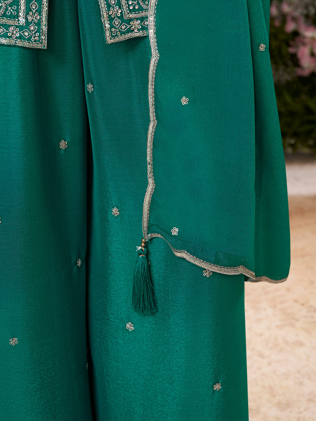Green Chinon Embroidered Sharara Suit with Butti Work and Sequins Scalloped Border Dupatta