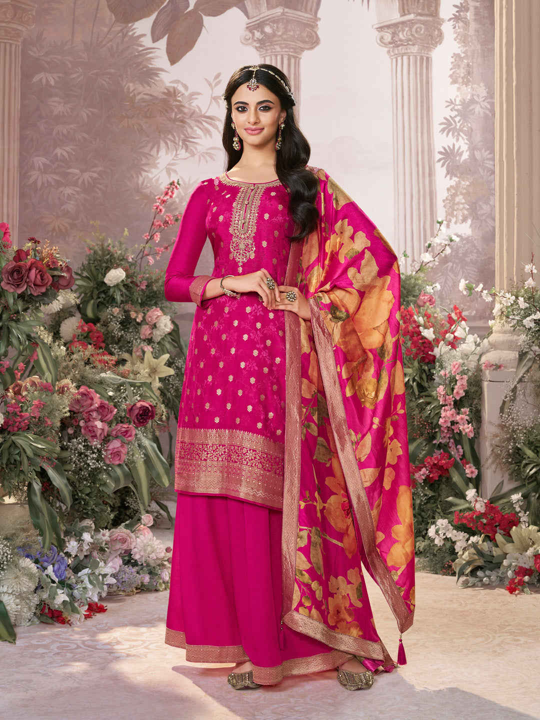 Pink Dola Silk Jacquard & Embroidery Sharara Set with Digital Print Dola Silk Dupatta